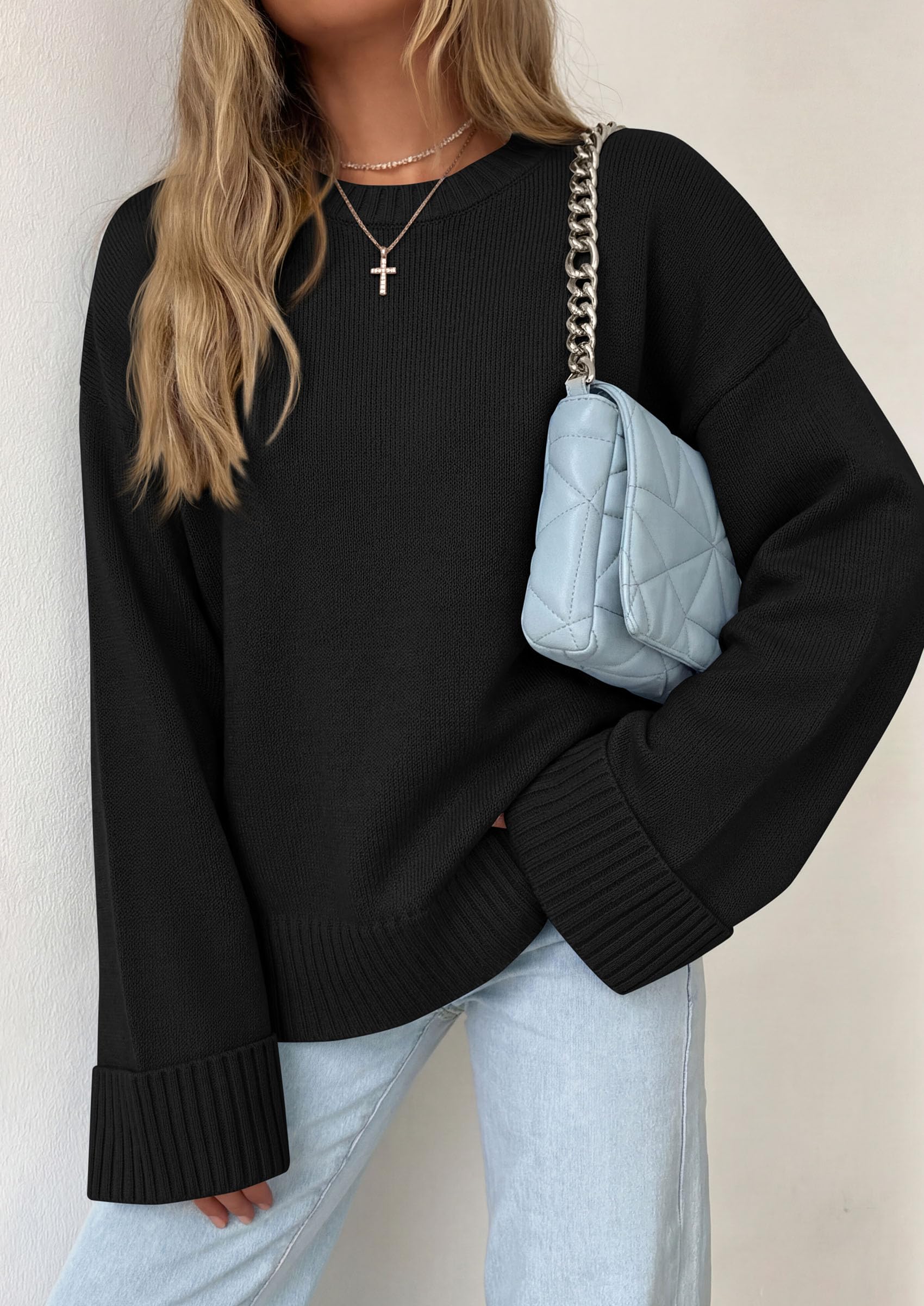 Oversized Sweater Women's Crewneck Long Sleeve Tops Black