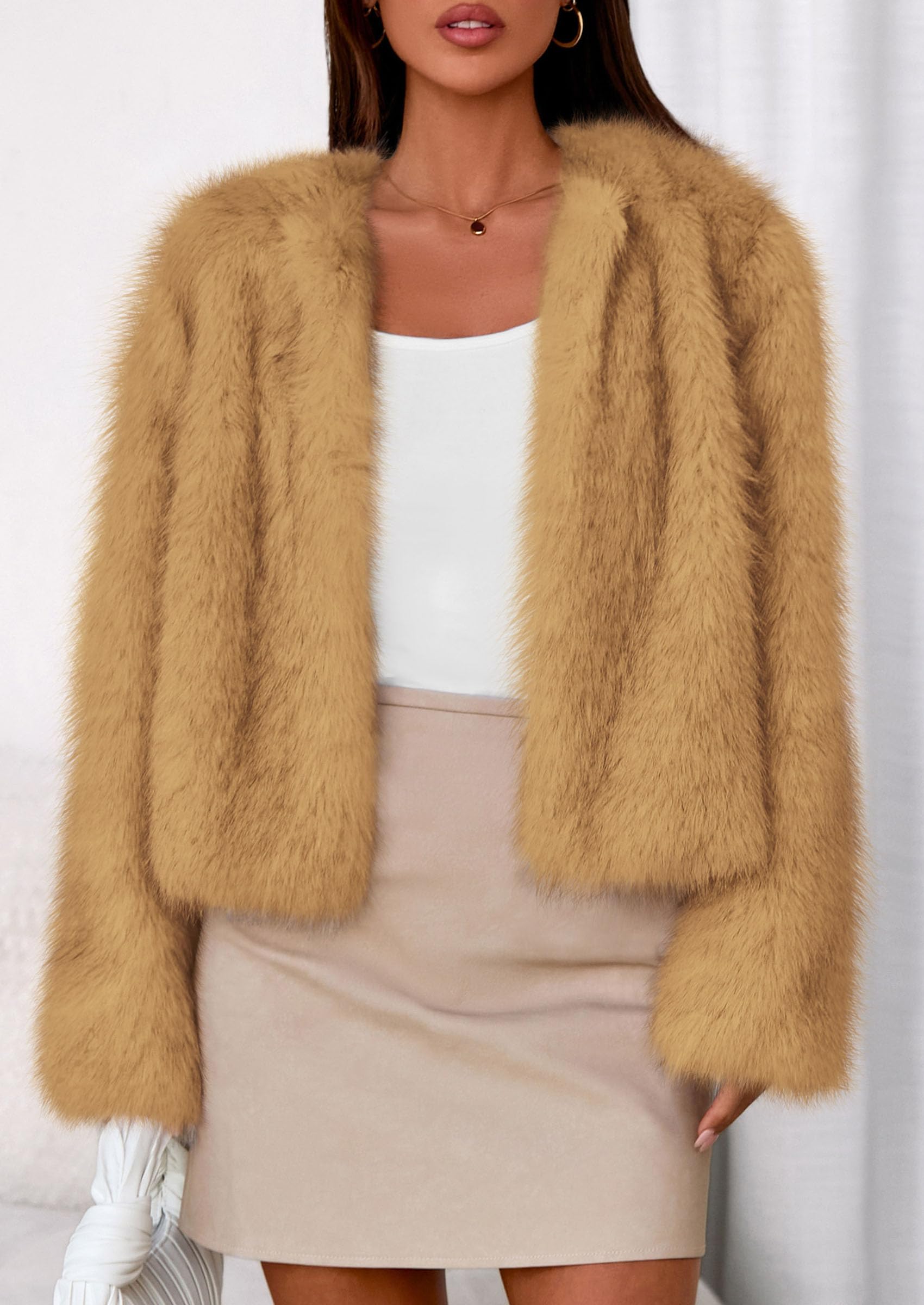 Womens Winter Coats Open Front Faux Fur Jacket,Yellow,XXL