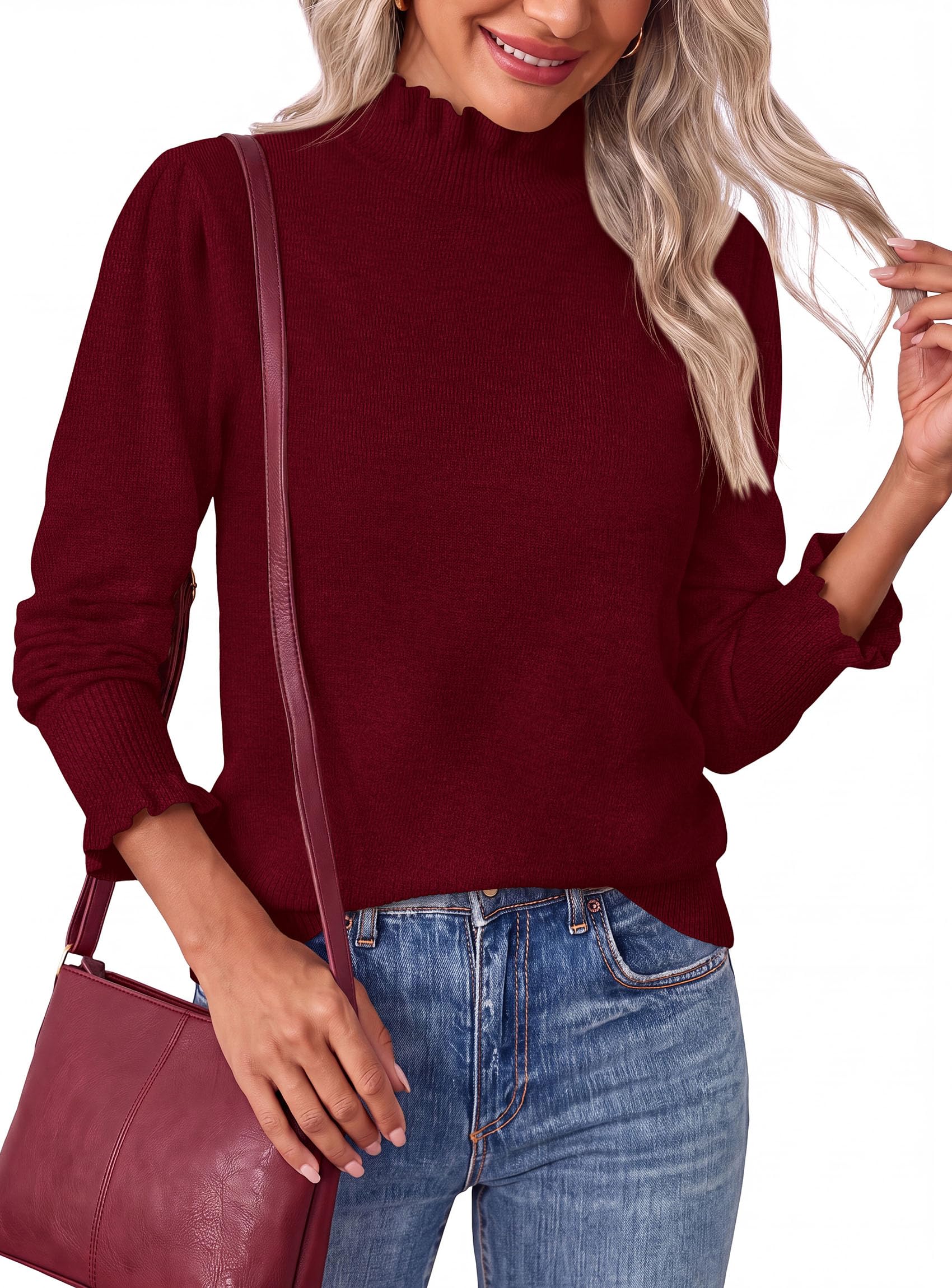 Women's Fall Cozy Sweaters Trendy Ruffle Mock Neck Pullover