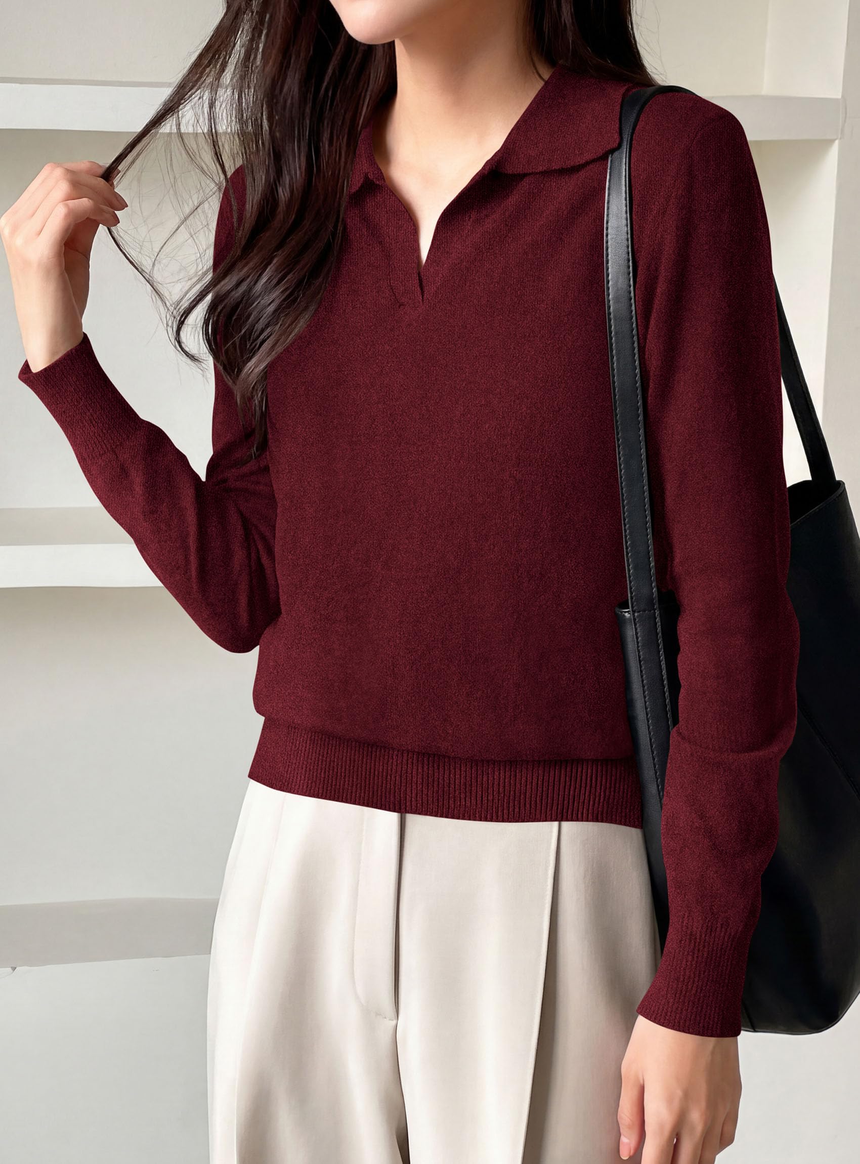 Womens Long Sleeve Collared Polo Sweater,Wine Red,S