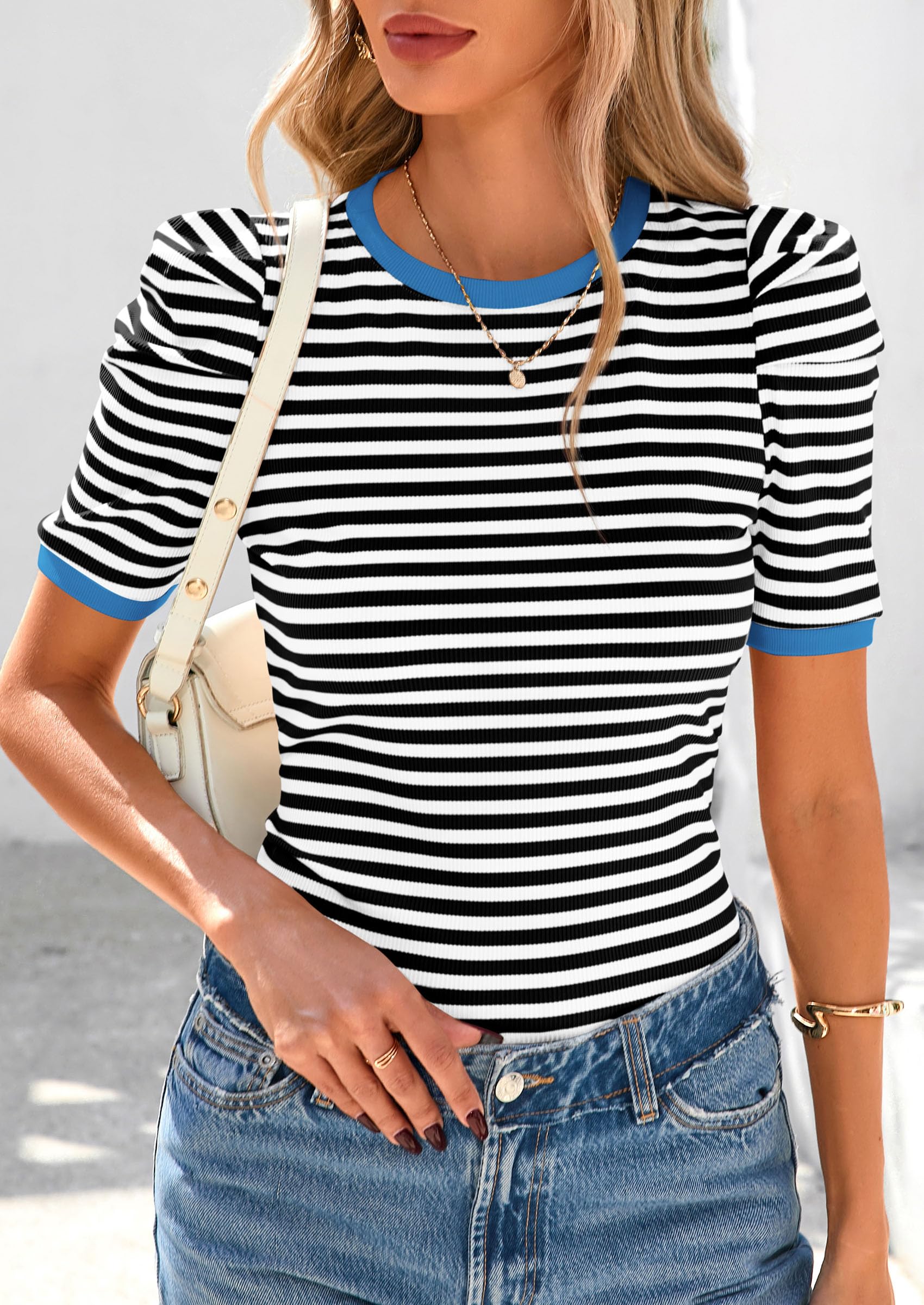 Ribbed Puff Short Sleeve Tops for Women Striped Shirt Black,XS