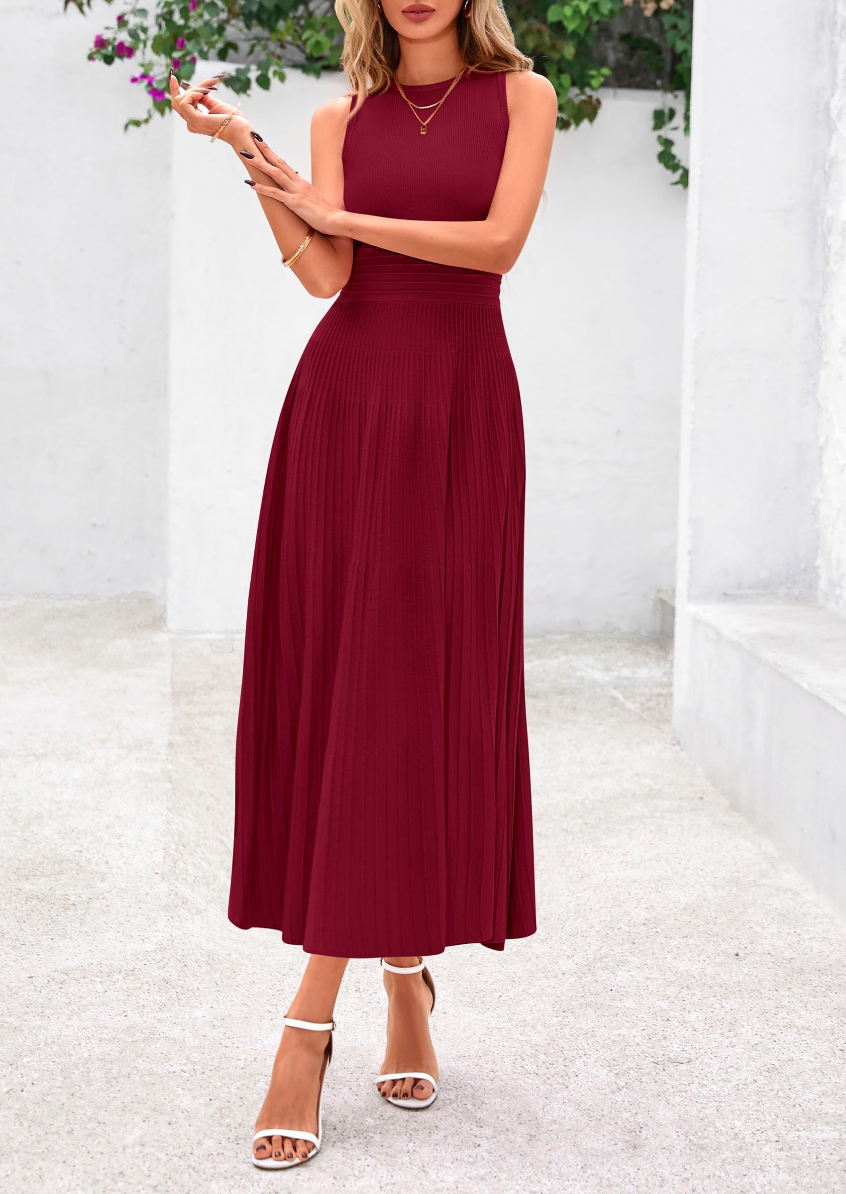 Women's Summer Pleated Midi Work Dress,Burgundy,S