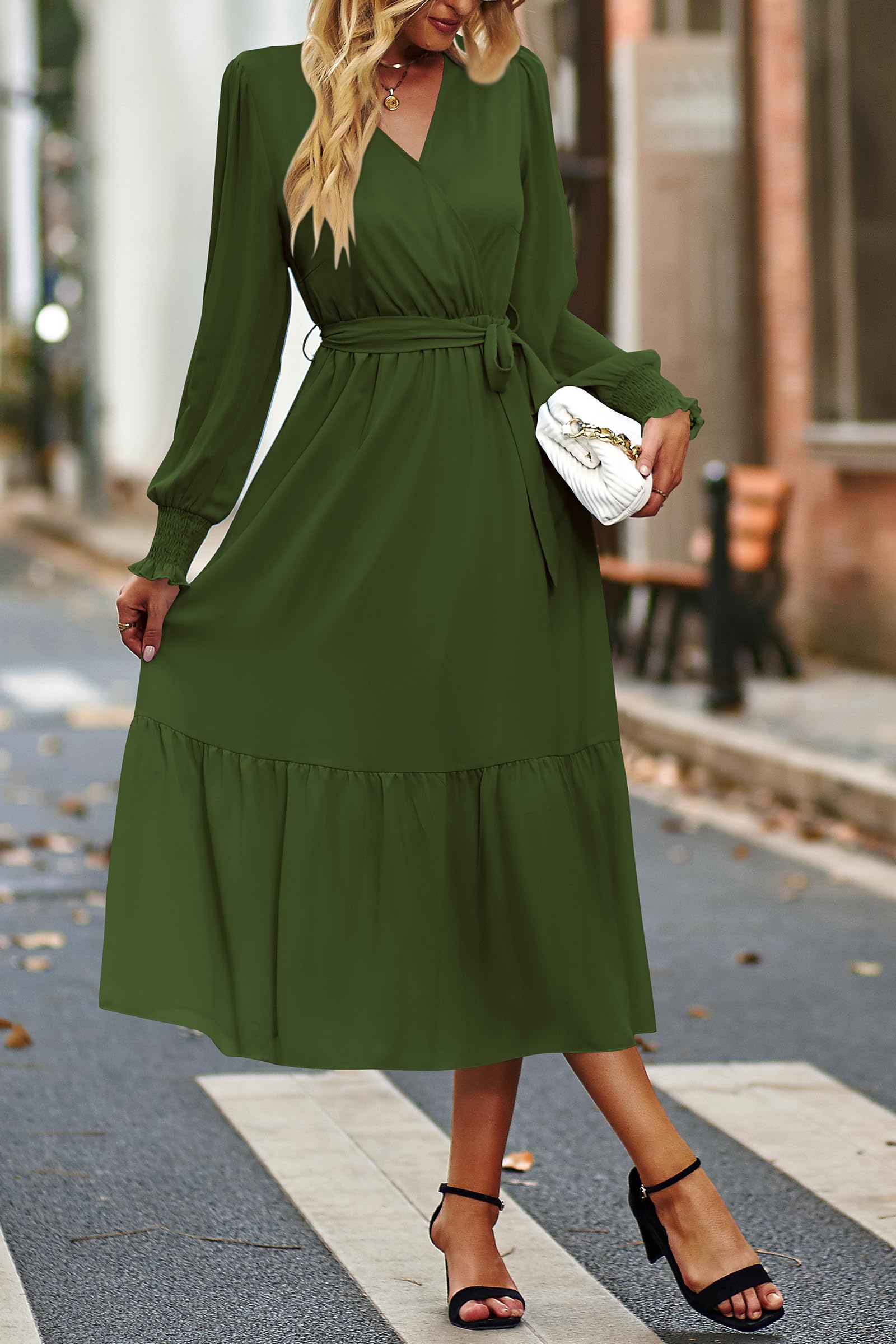 Women's Boho Long Sleeve Maxi Dress, Solid Army Green,S