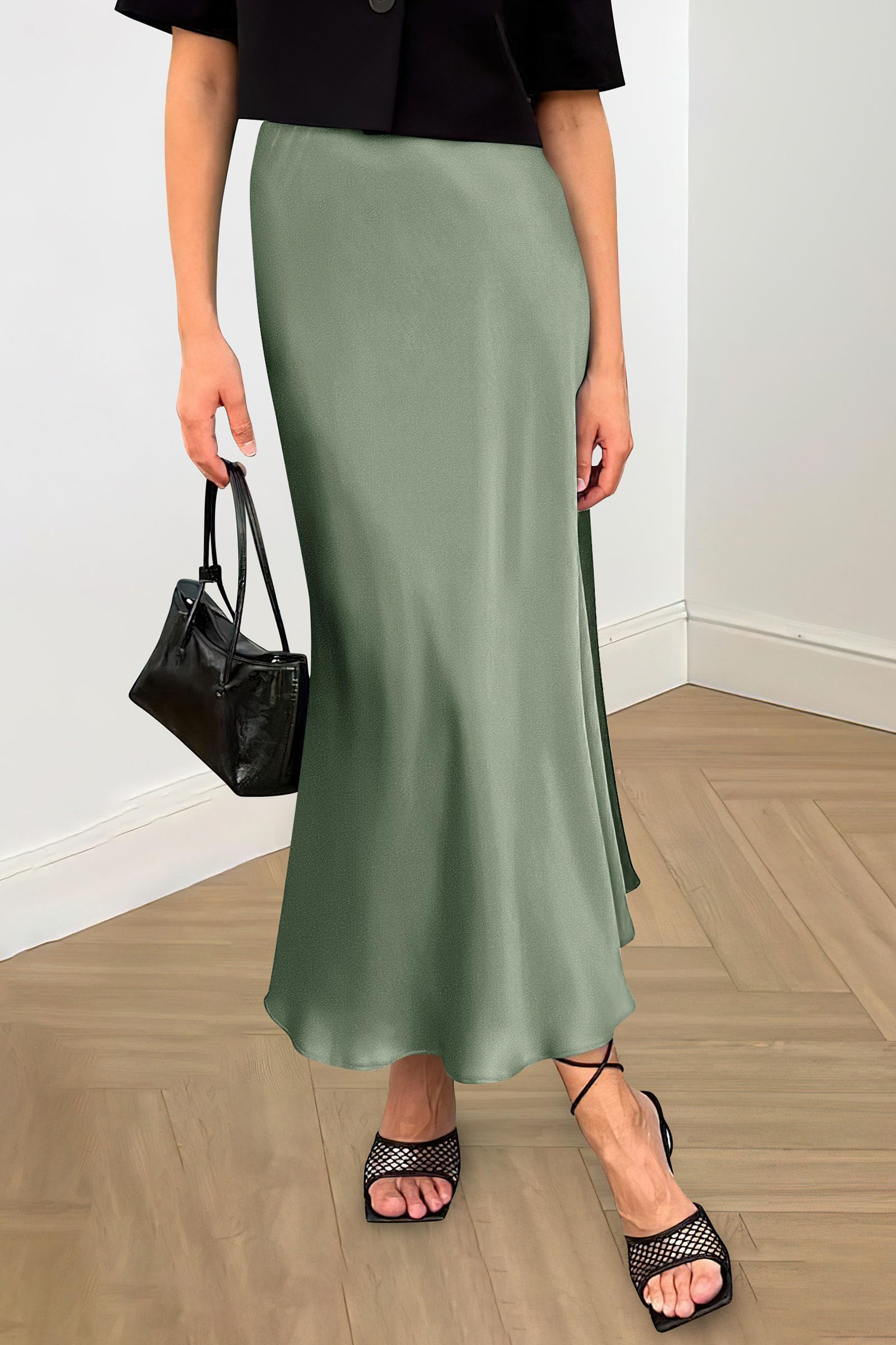 Women's Satin Midi Skirts Dressy Casual,Light Green,S