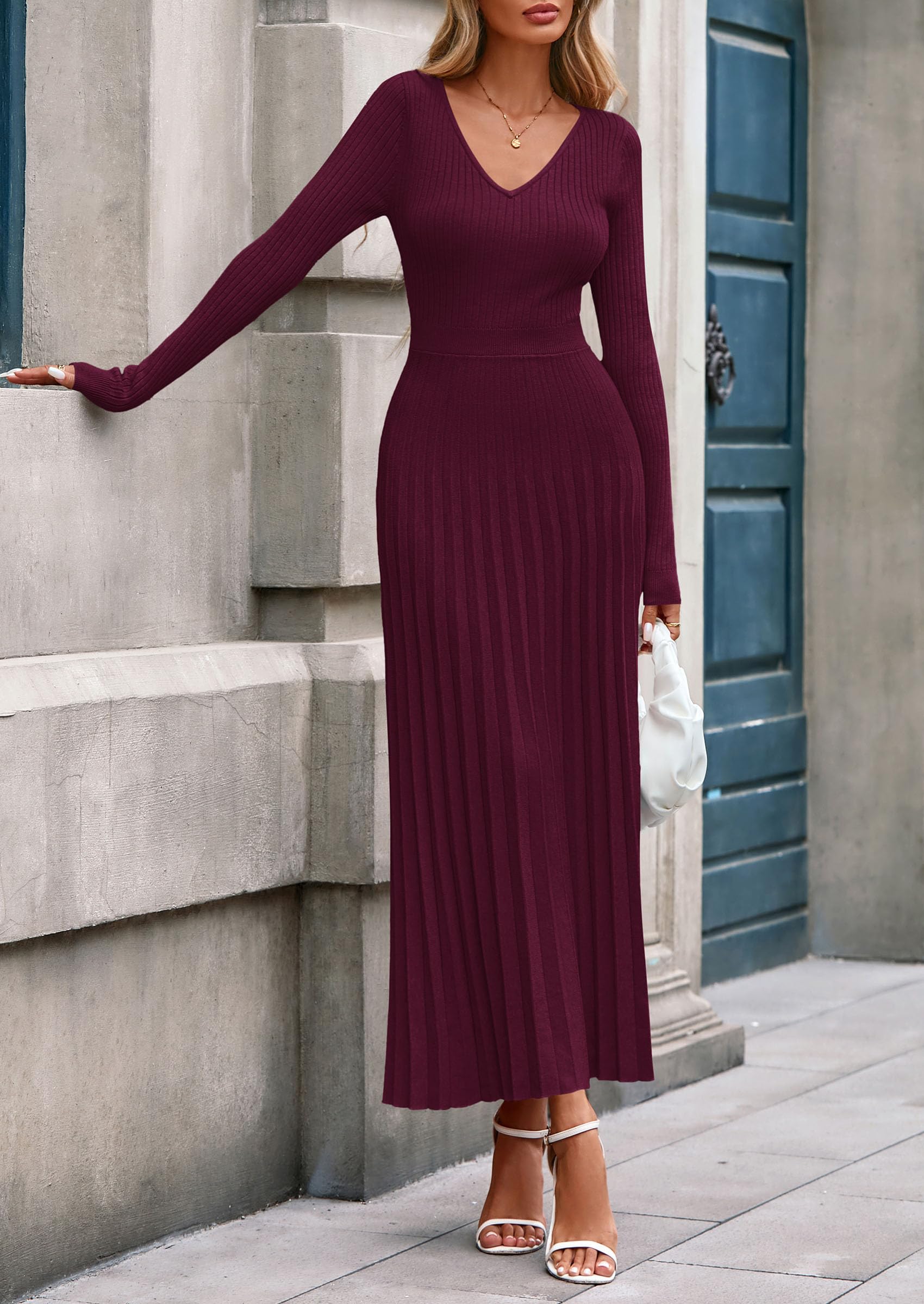 Sweater Dress Women Long Sleeve Maxi Flowy Pleated Dresses