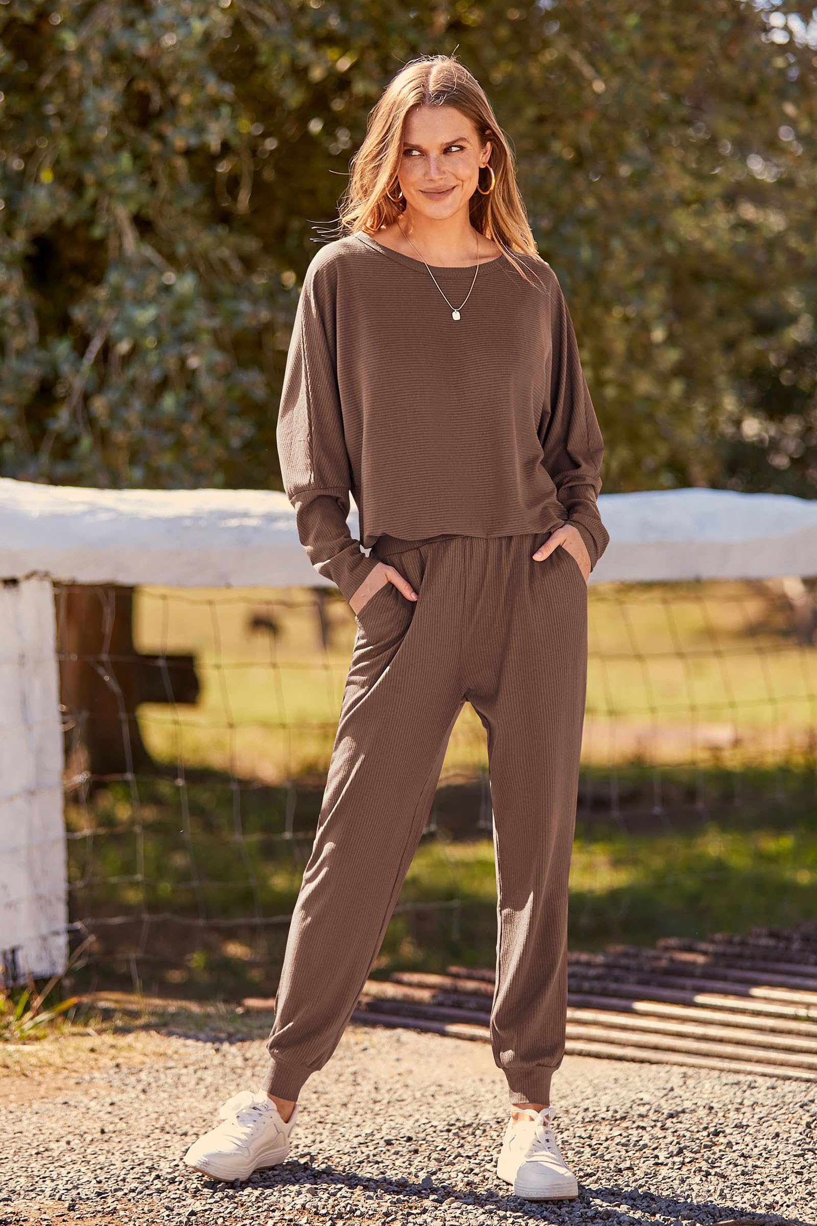 Women's 2 Piece Fall Outfits Matching Ribbed Knit Lounge Sets