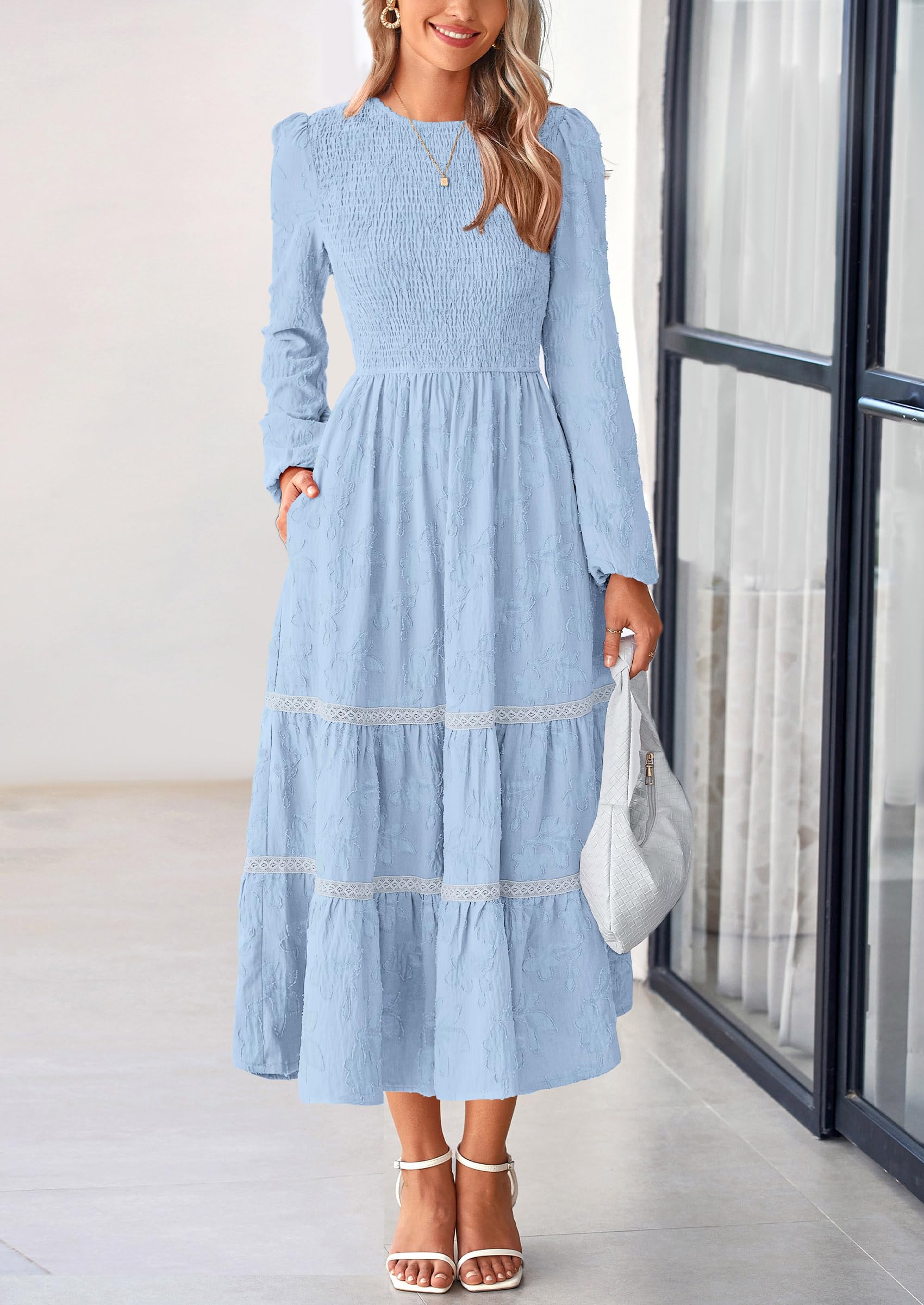 Women's Long Sleeve Boho Floral Midi Dress, Light Blue,M