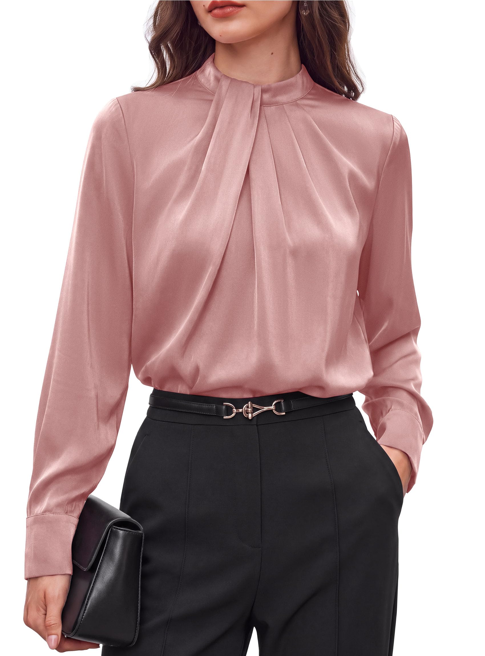 Satin Blouses for Women Dressy Casual Long Sleeve Shirts Pink