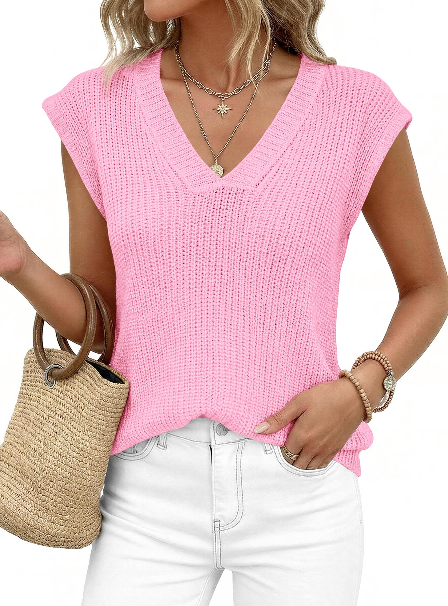 Women's Cap Sleeve Sweaters Vest Summer Tops (Pink,S)