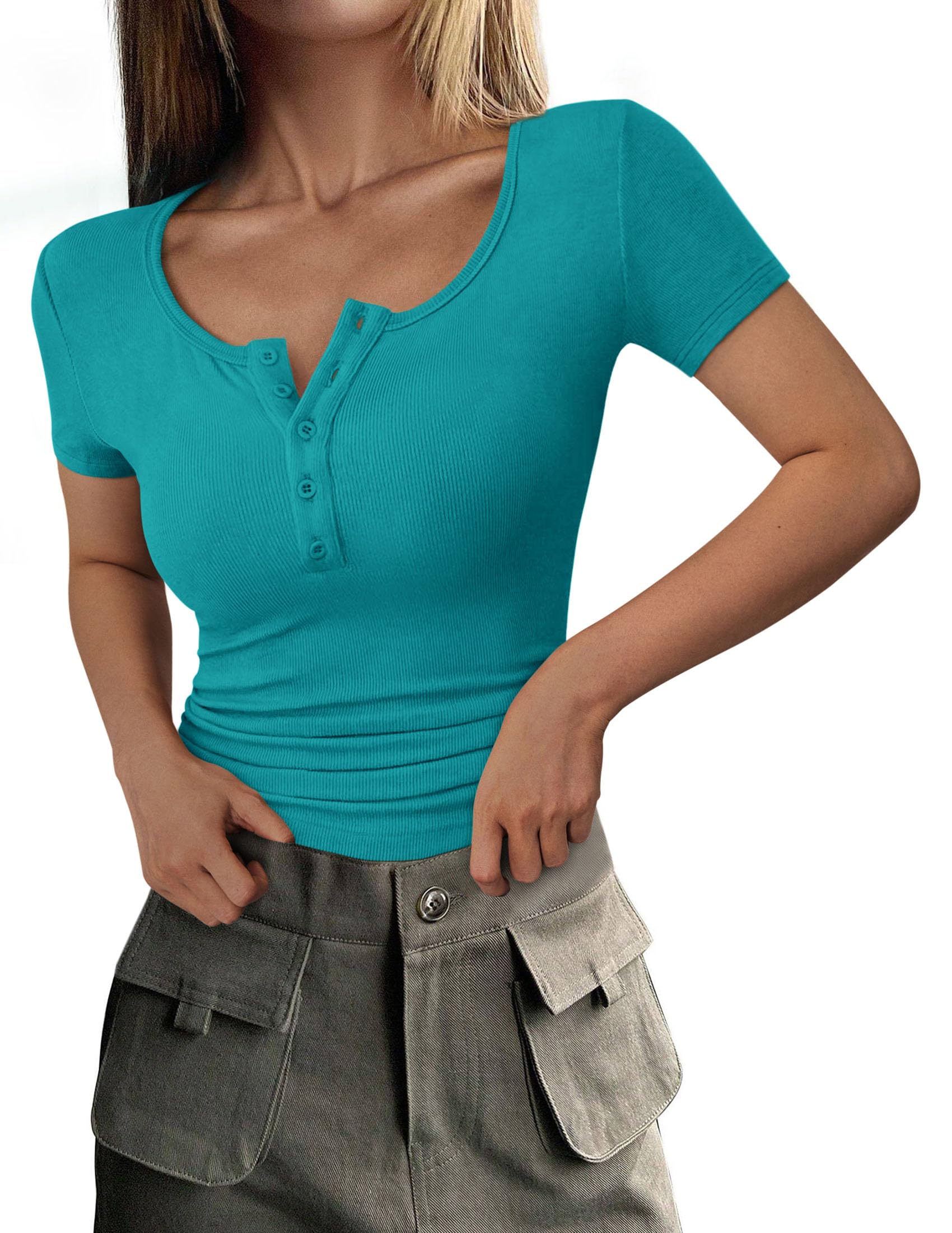 Women's Summer Tops Henley Tee Shirts (Malachite Green,XS)