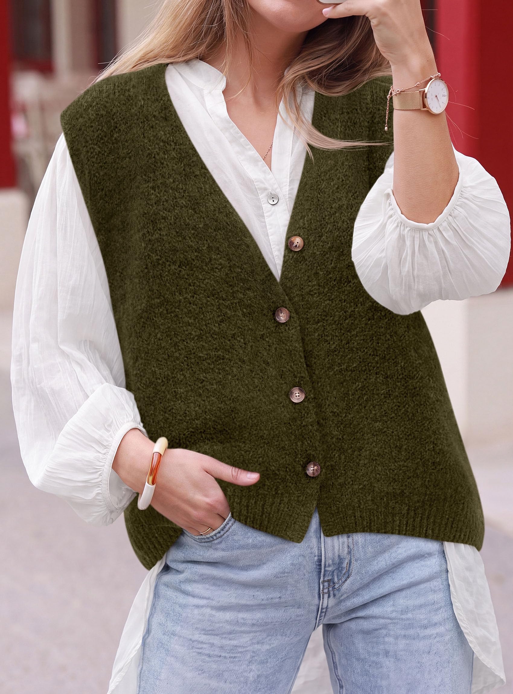 Womens Fall Sleeveless Button Down Sweater Vest,Army Green,S