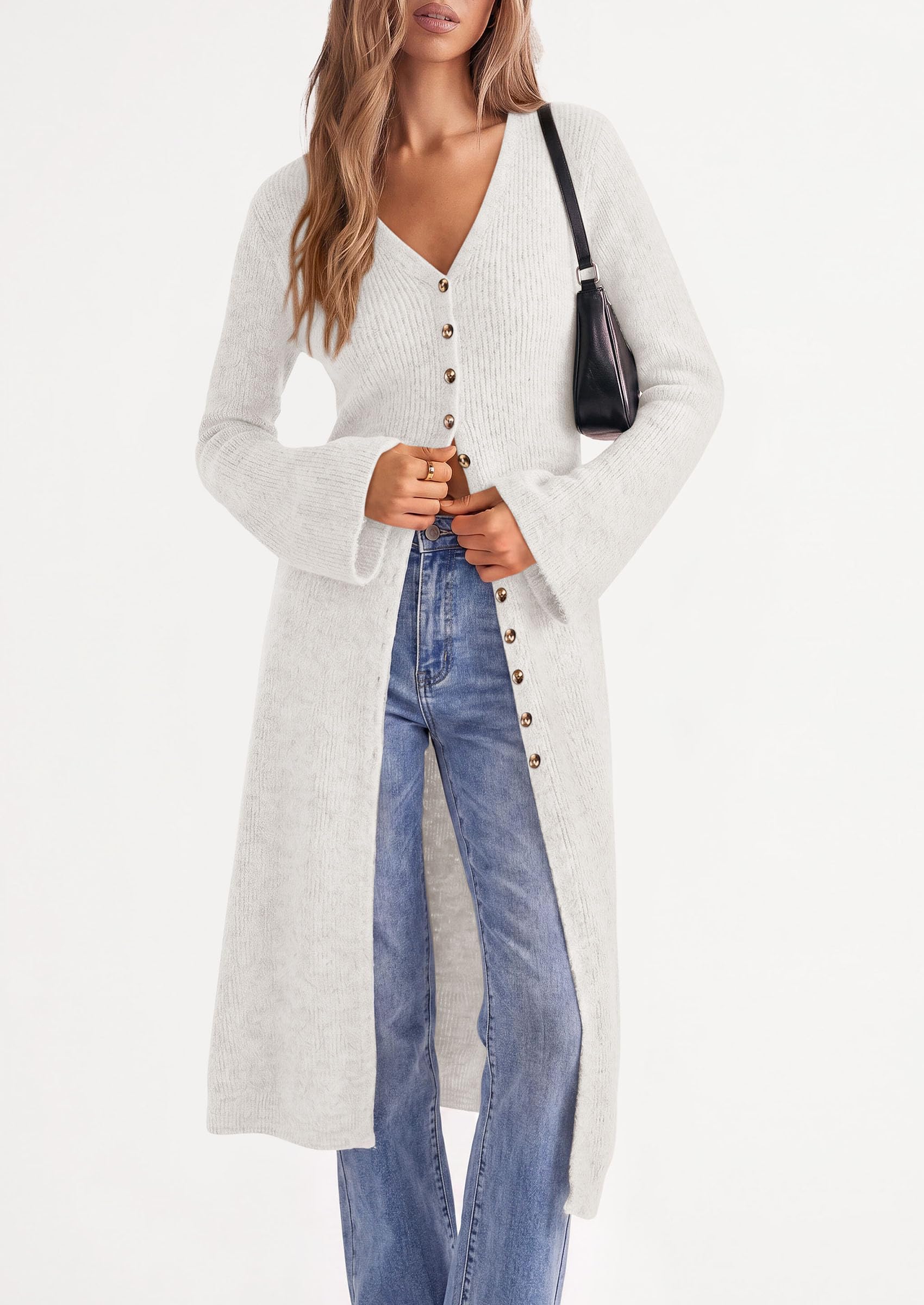 Women Long Cardigan Bell Sleeve Sweater Dress (White,S)