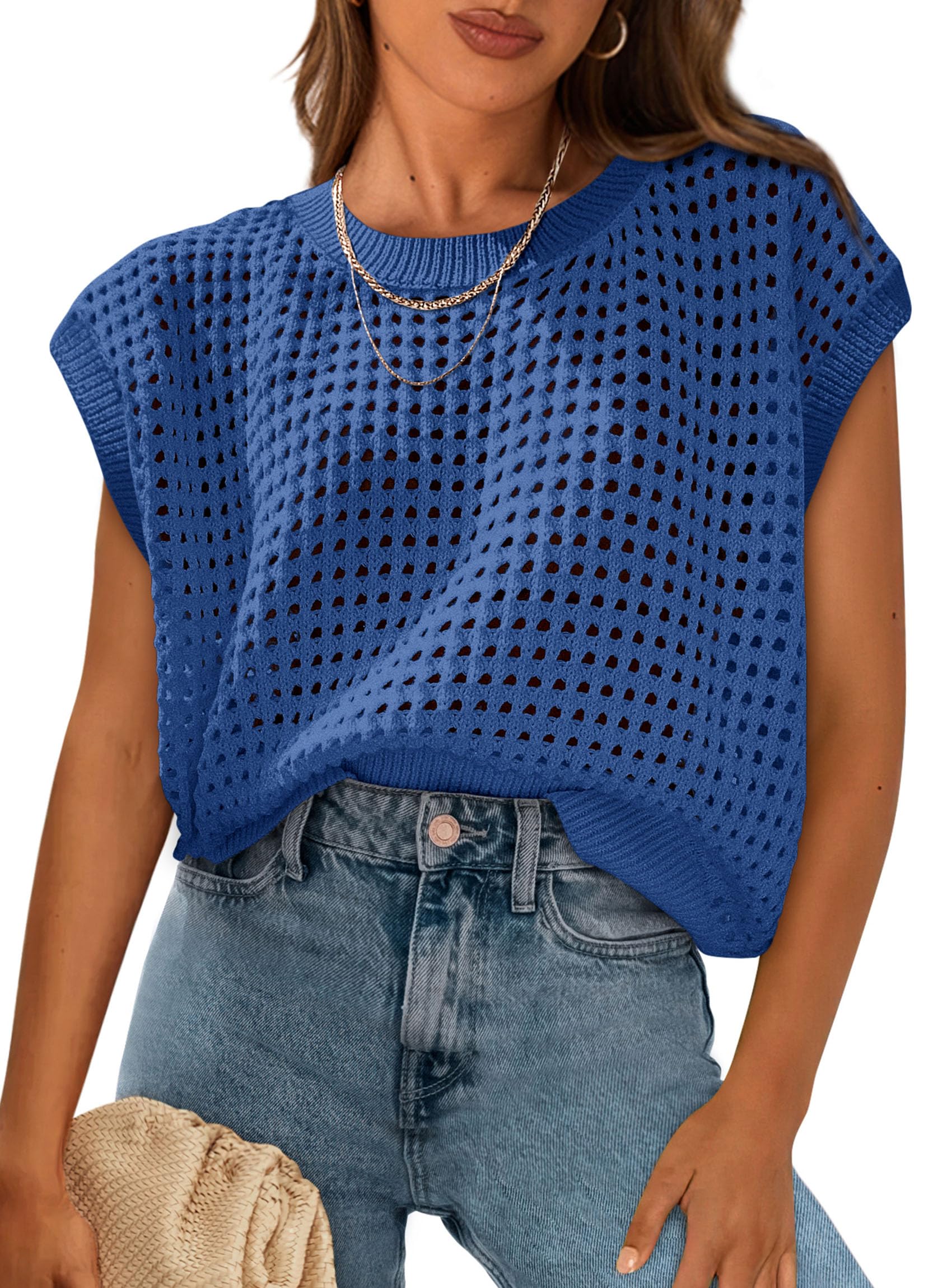 Women's Summer Crochet Cap Sleeve Sweater Tops,Grey Blue,S