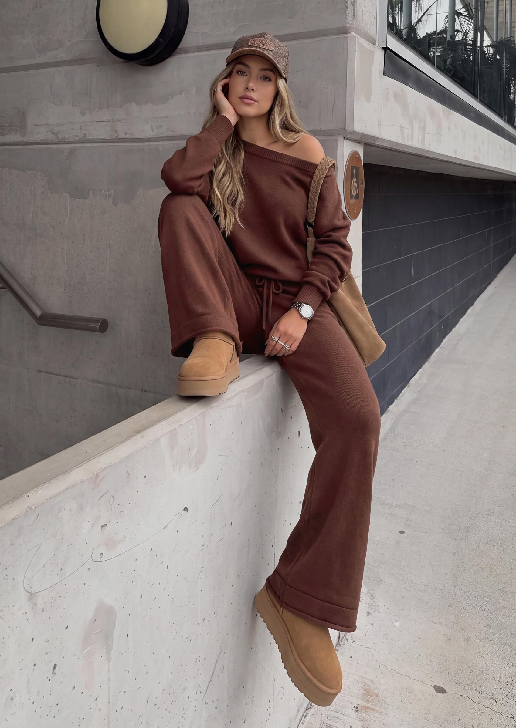 Lounge Sets Womens Sweaters Two Piece Outfits (Brown,S)