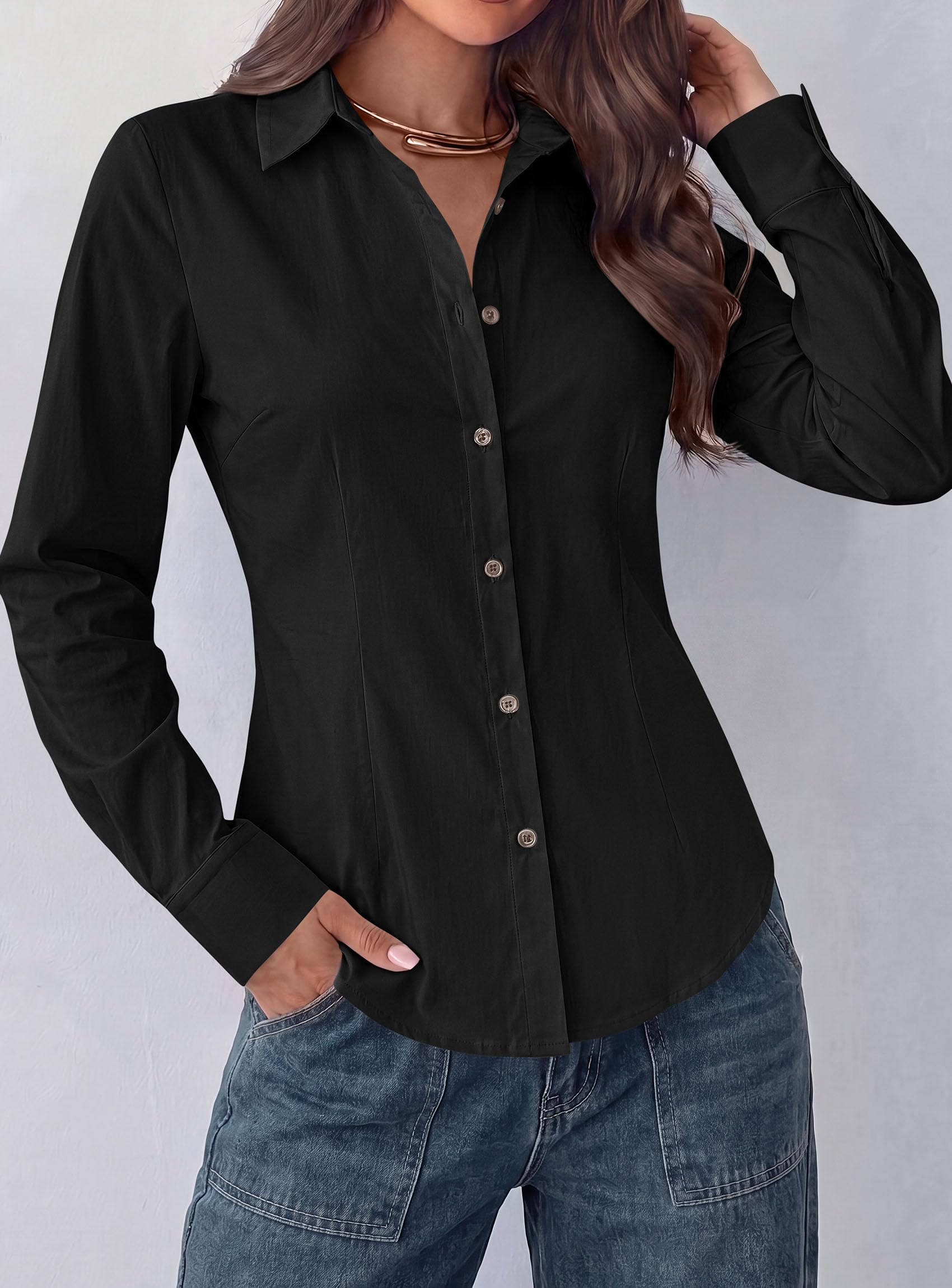 Womens Button Down Shirts Long Sleeve Blouse (Black,S)