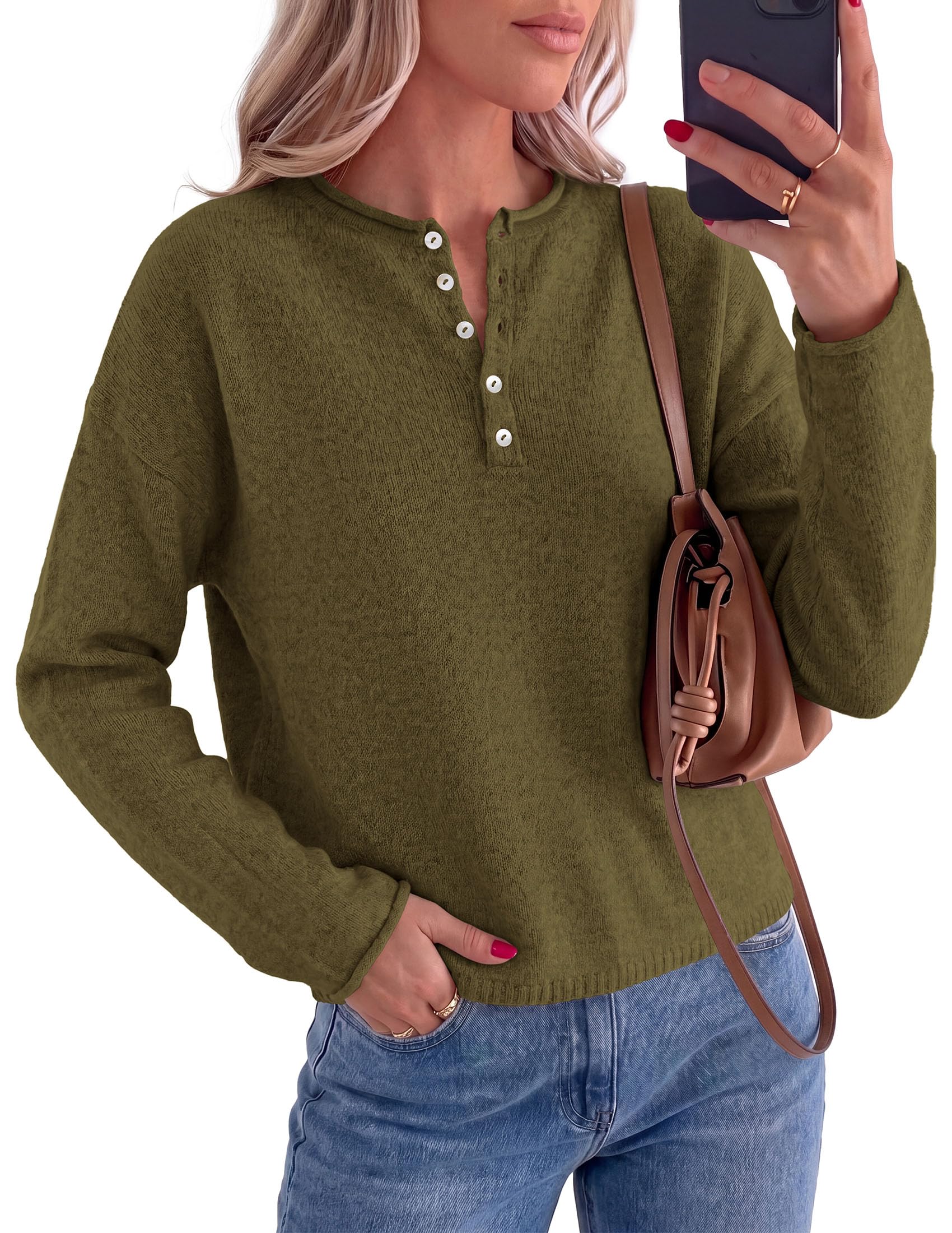 Women's Henley Cozy Sweaters Button Up Pullover Army Green S