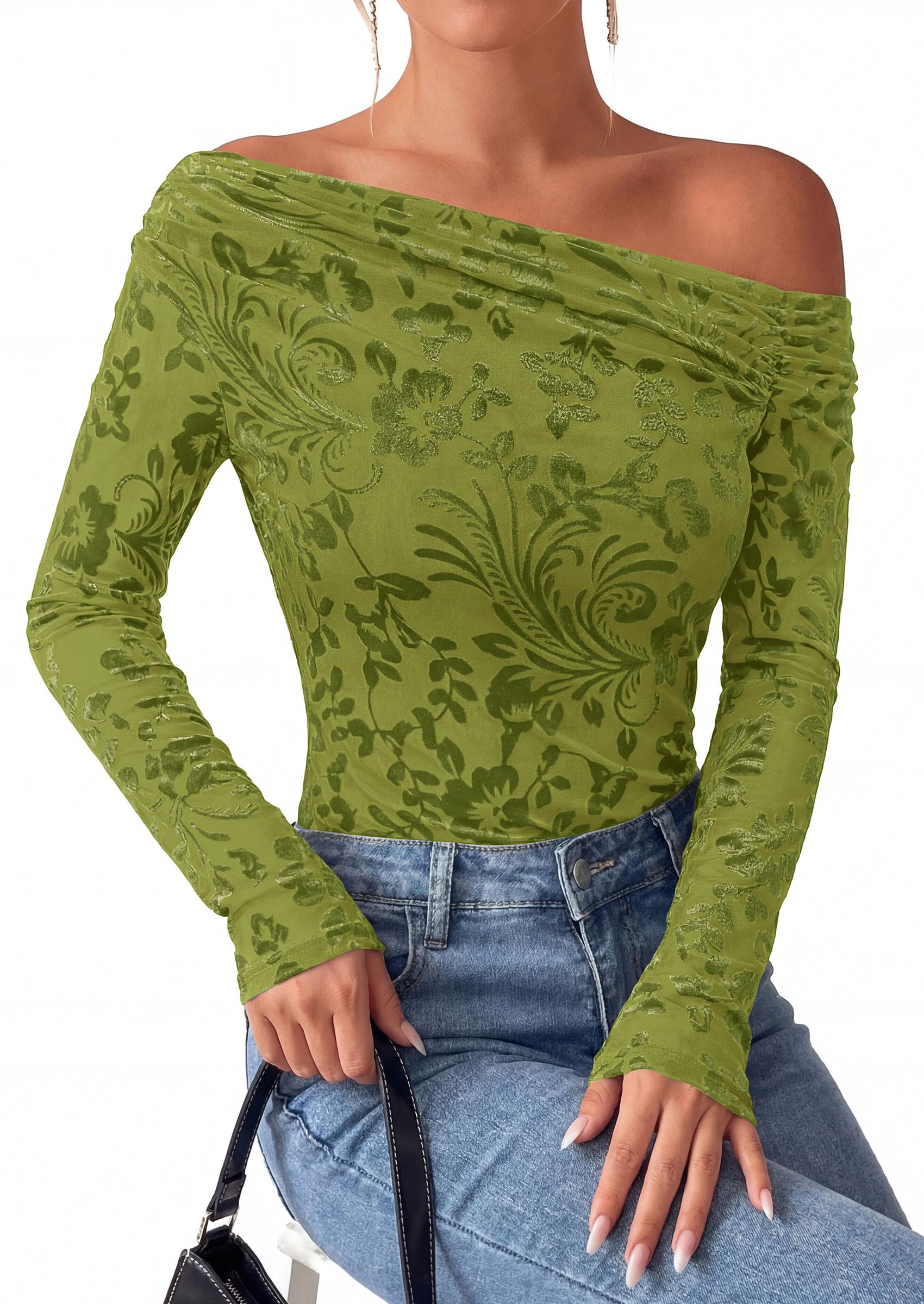Off the Shoulder Tops for Women Fall Mesh Floral Blouses