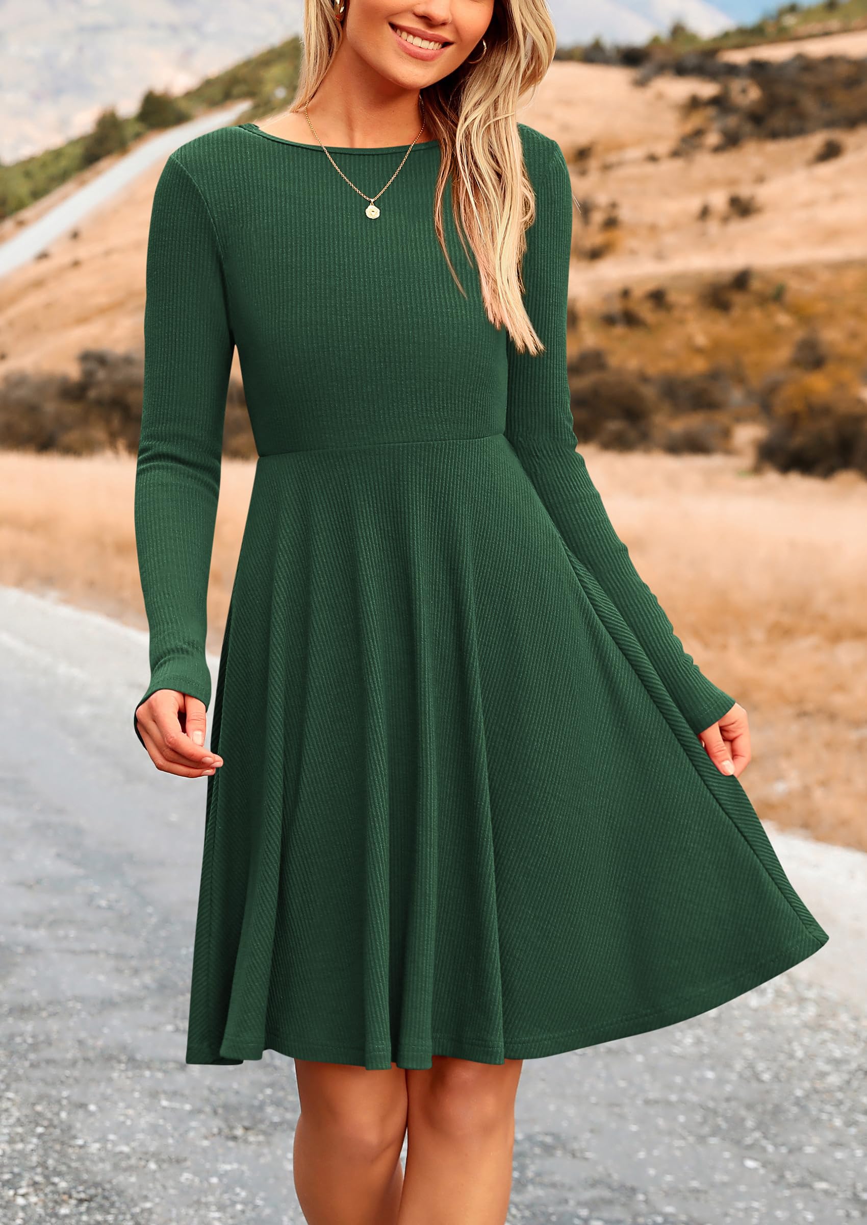 Women's Fall Casual Long Sleeve Short Dress (Dark Green,S)