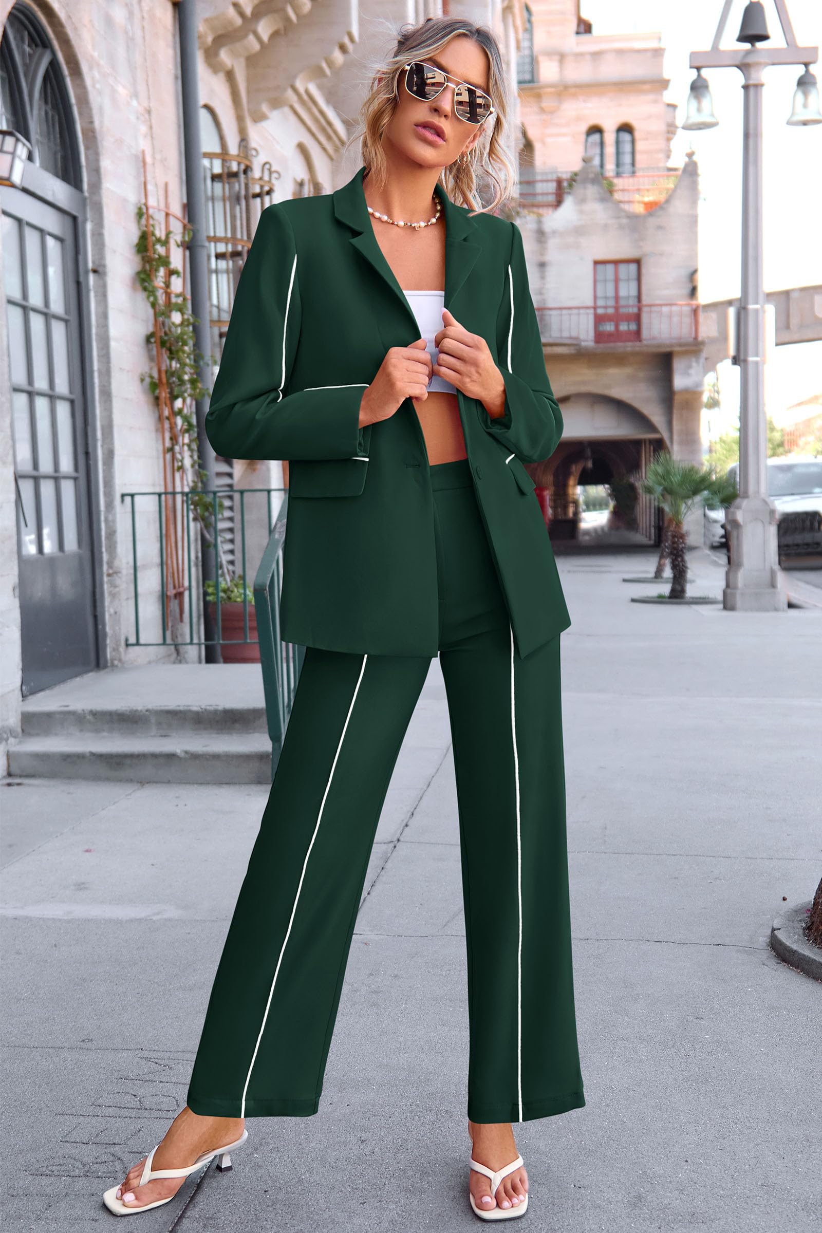 Women's 2 Piece Blazer Business Casual Outfits(Dark Green,L)