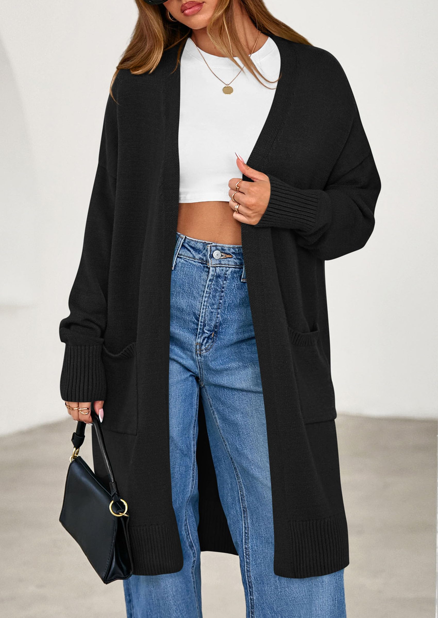 Women's Oversized Open Front Long Knit Cardigan,Black,S