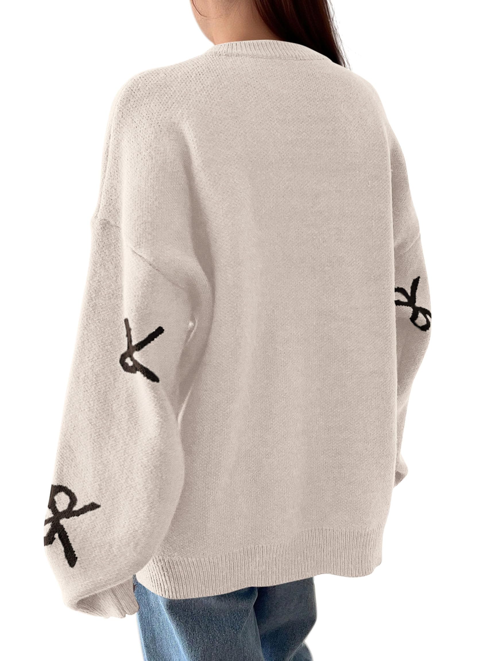 Women Long Sleeve Cute Bow Oversized Sweater,Beige,S