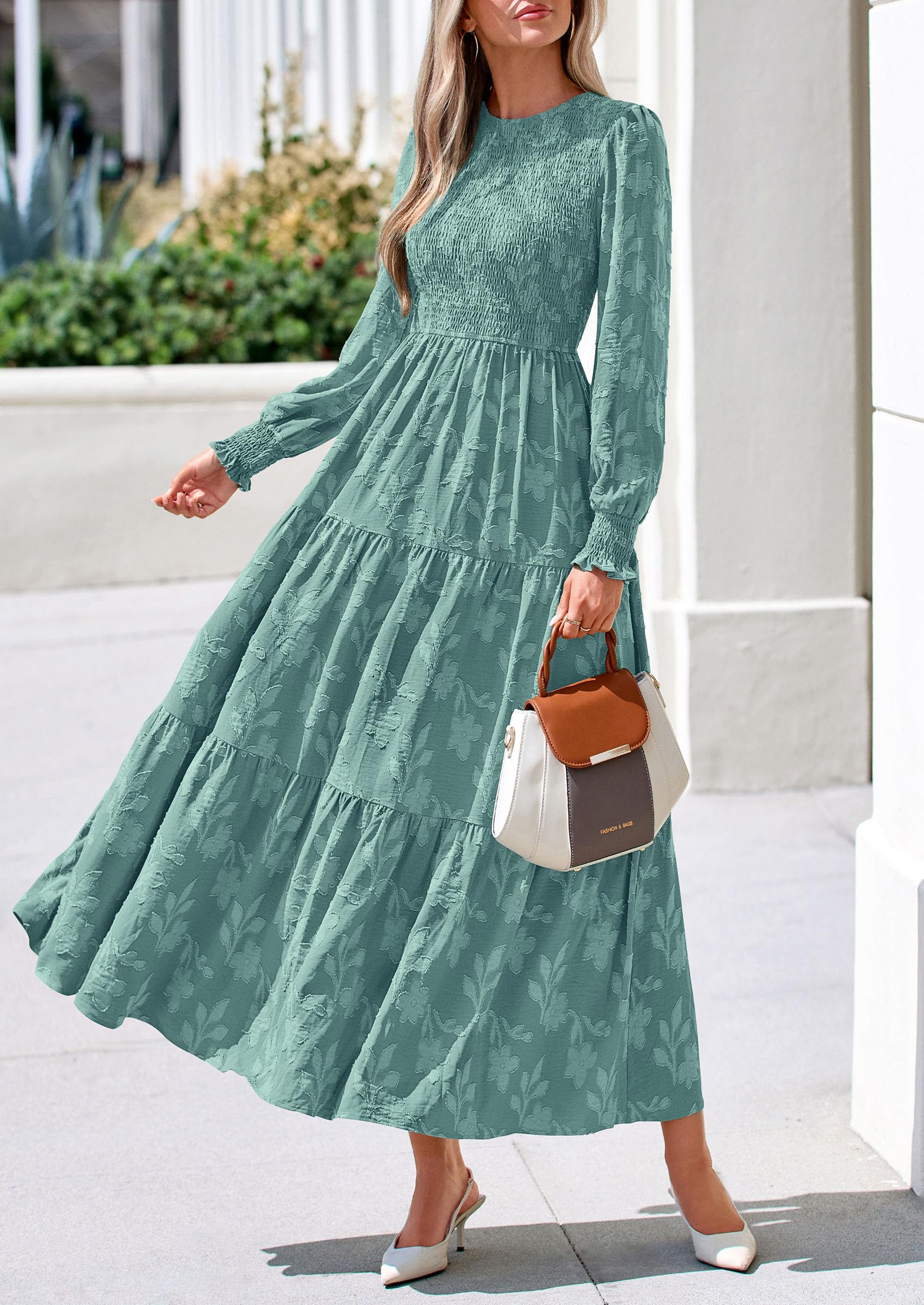 Fall Floral Long Sleeve Wedding Guest Dress for Women Pockets