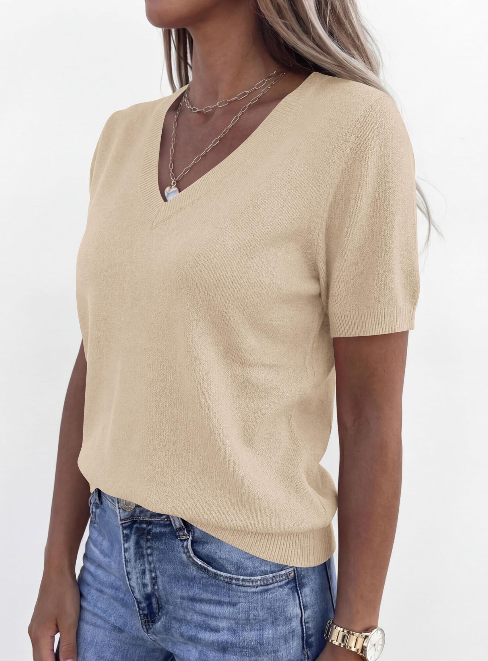 Womens Short Sleeve Sweater V Neck Tops,Apricot,S