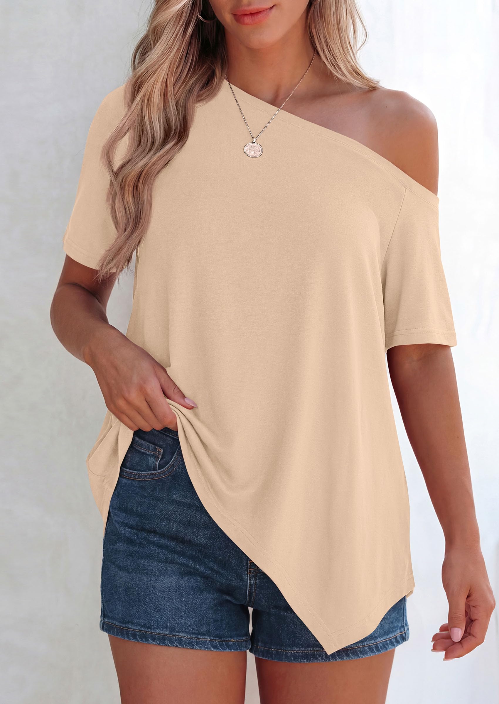 Off Shoulder Tops for Women Oversized Tshirts, Beige,M