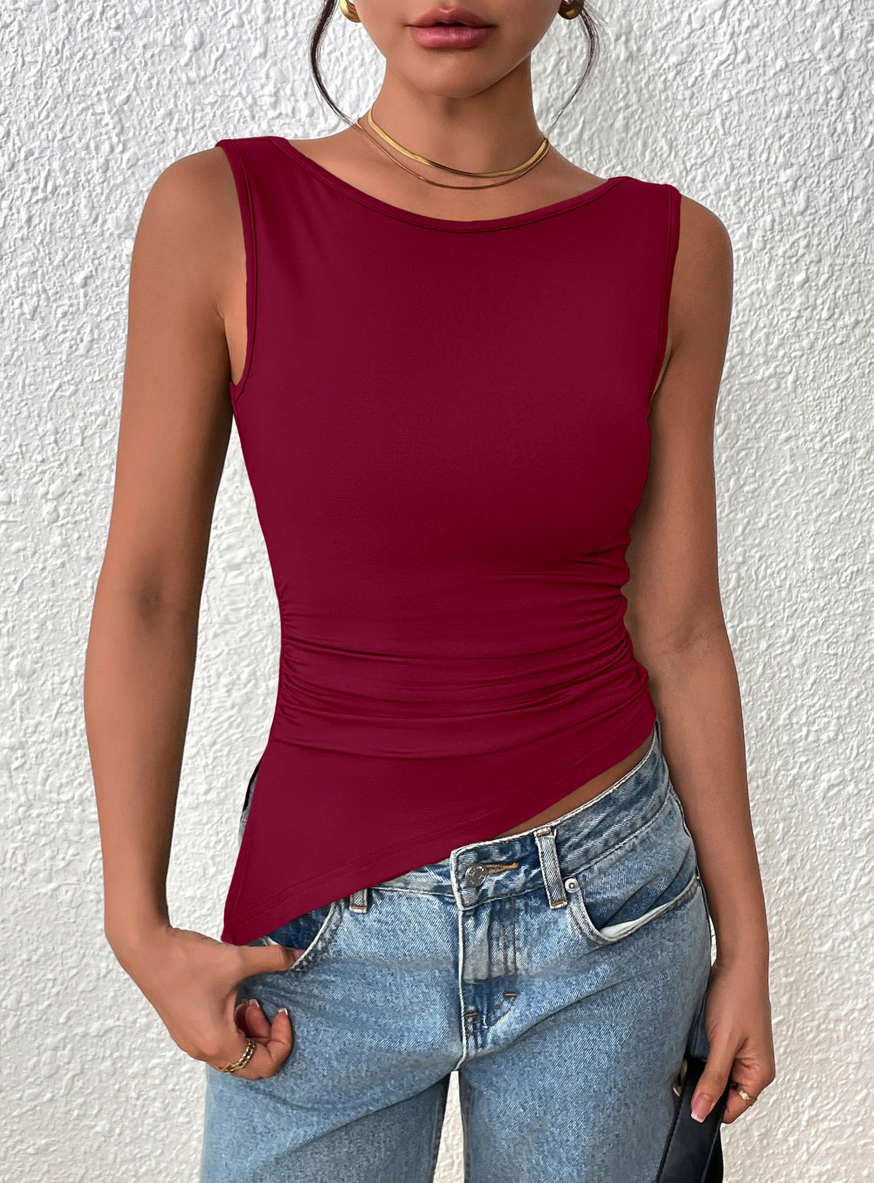 Women's Ruched Tank Tops Summer Y2K Shirts,Burgundy,S