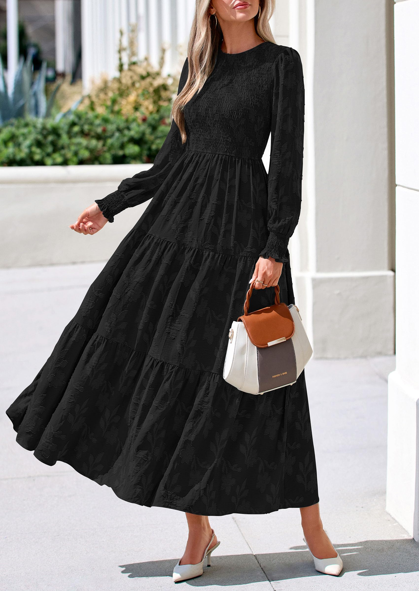 Fall Floral Long Sleeve Wedding Guest Dress for Women Pockets