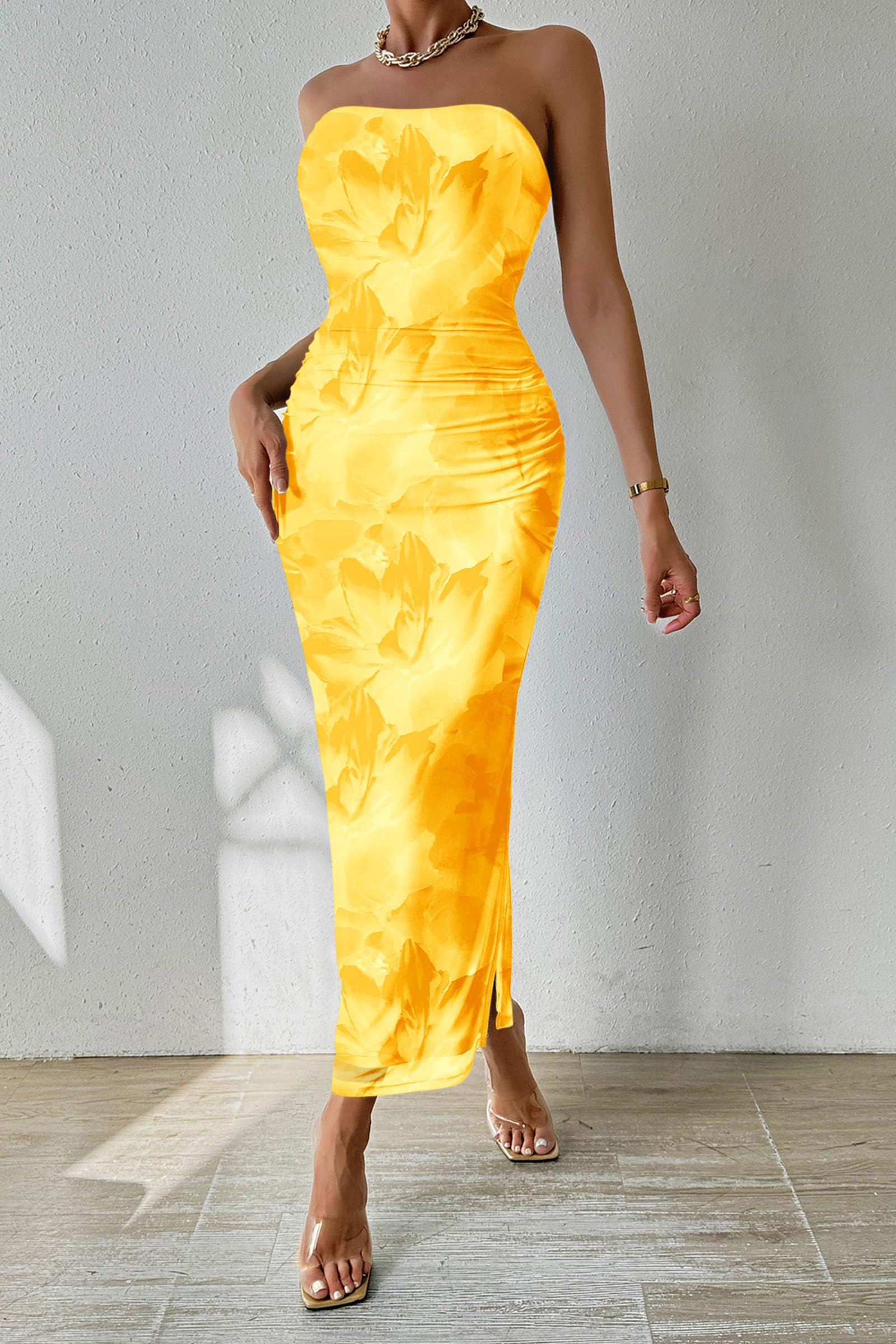Women's Strapless Bodycon Floral Maxi Dress, Floral Yellow,S