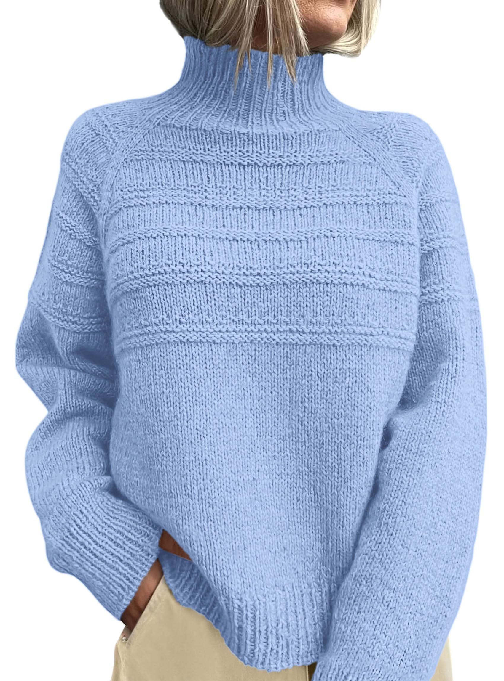 Women's Chunky Knit Mock Neck Pullover Sweaters,Light Blue,S