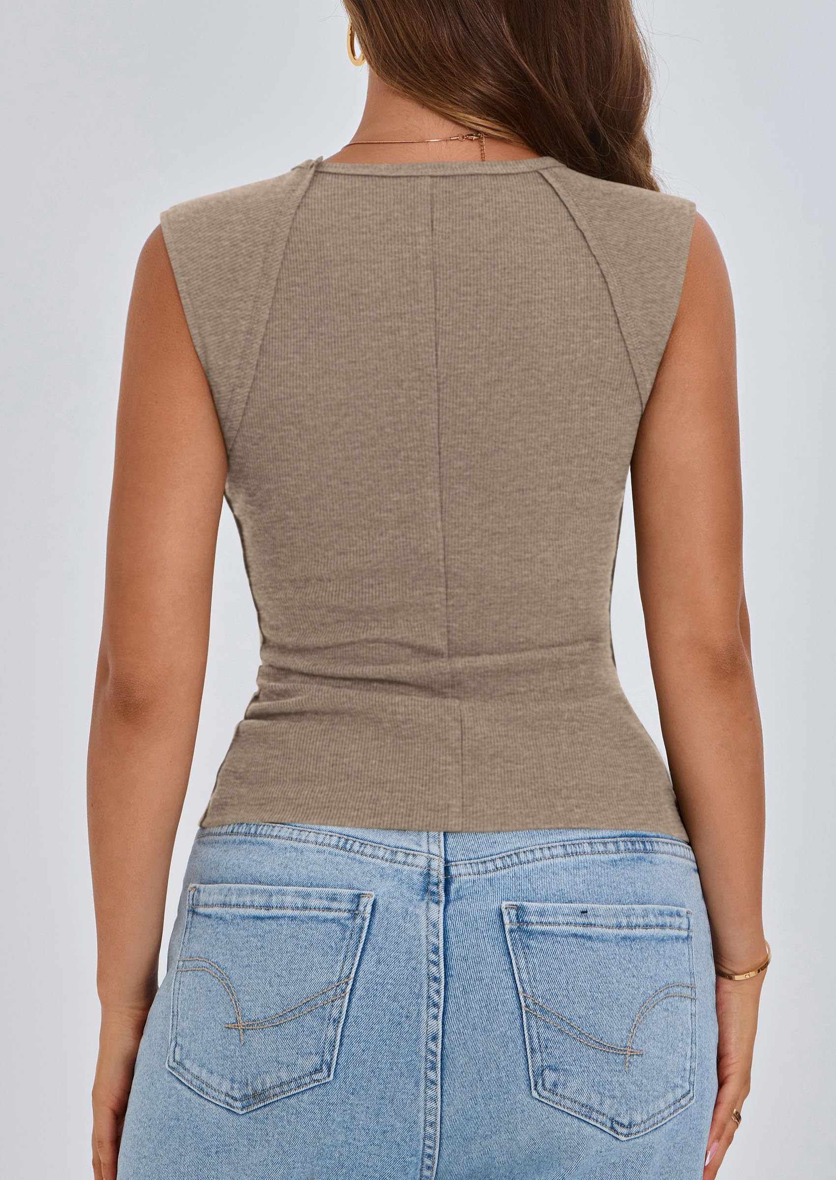 Women's Cap Sleeve Ribbed Tank Tops Summer, Dark Khaki,S