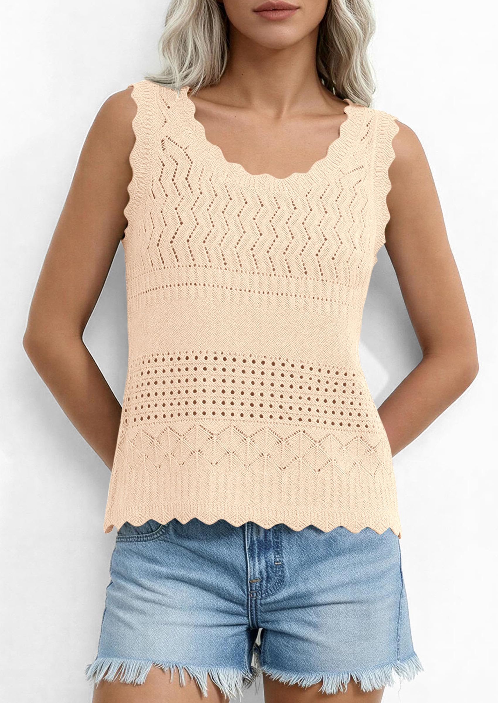 Womens Crochet Tank Tops Knit Sleeveless Vest,Beige,S