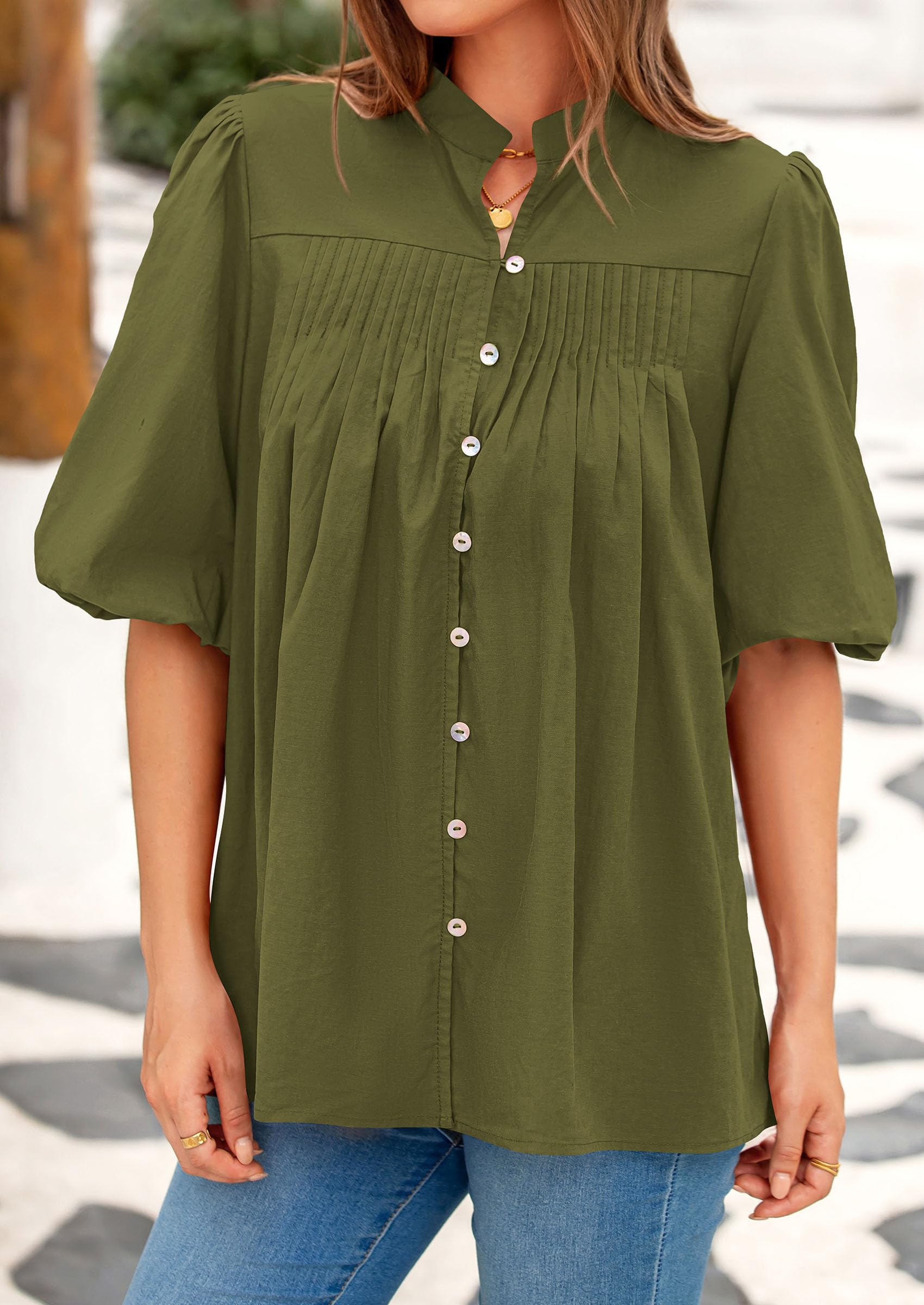 Short Sleeve Henley Shirts for Women,Army Green,S