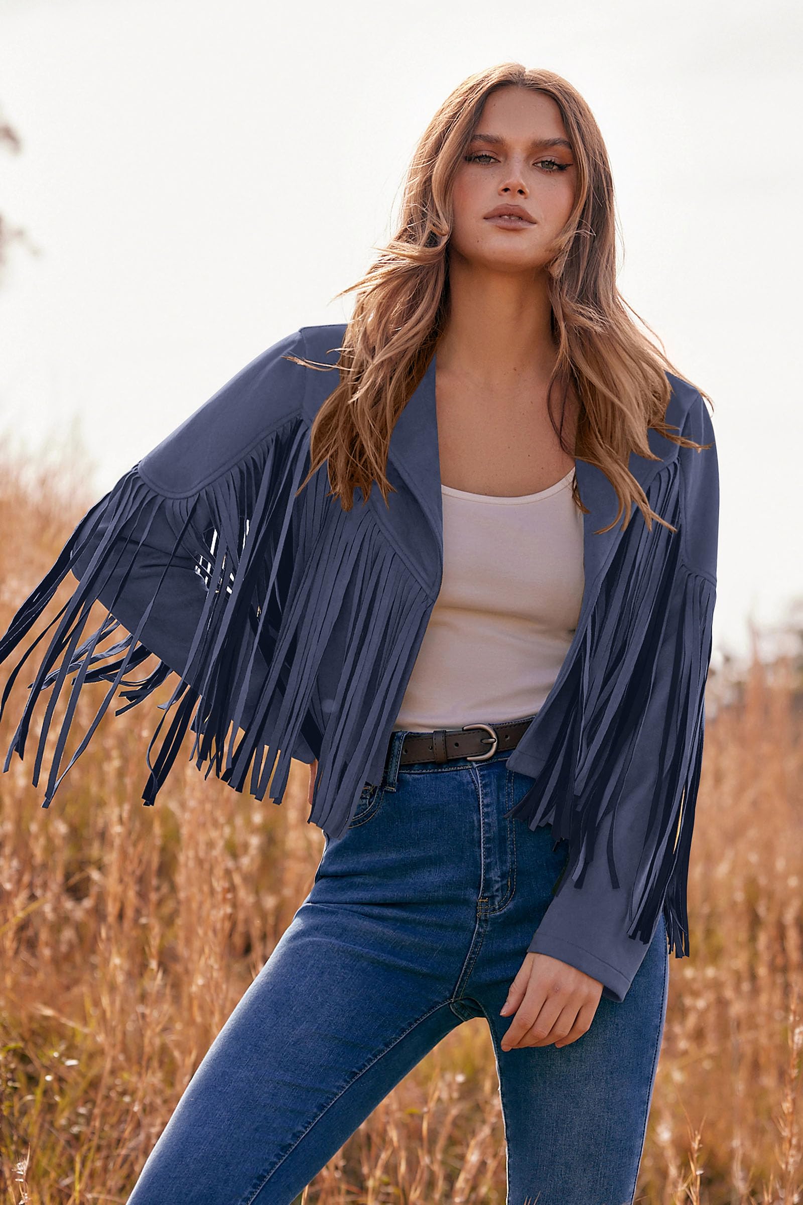 Women's Fringe Faux Suede Leather Jackets,Haze Blue,S