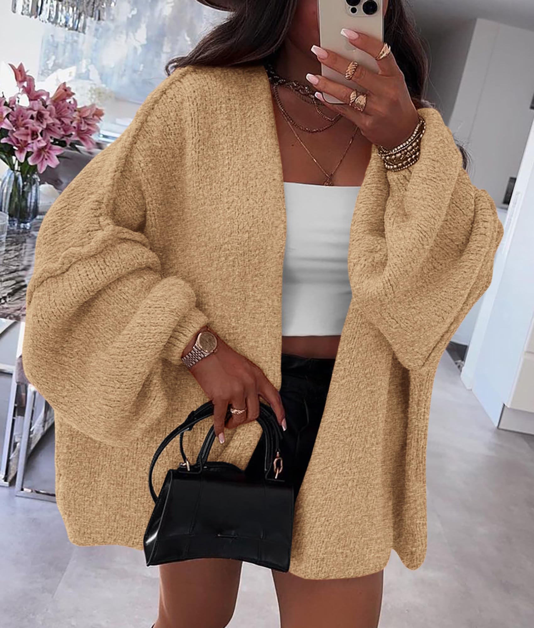 Womens Open Front Oversized Cardigan Sweaters,Camel,XS