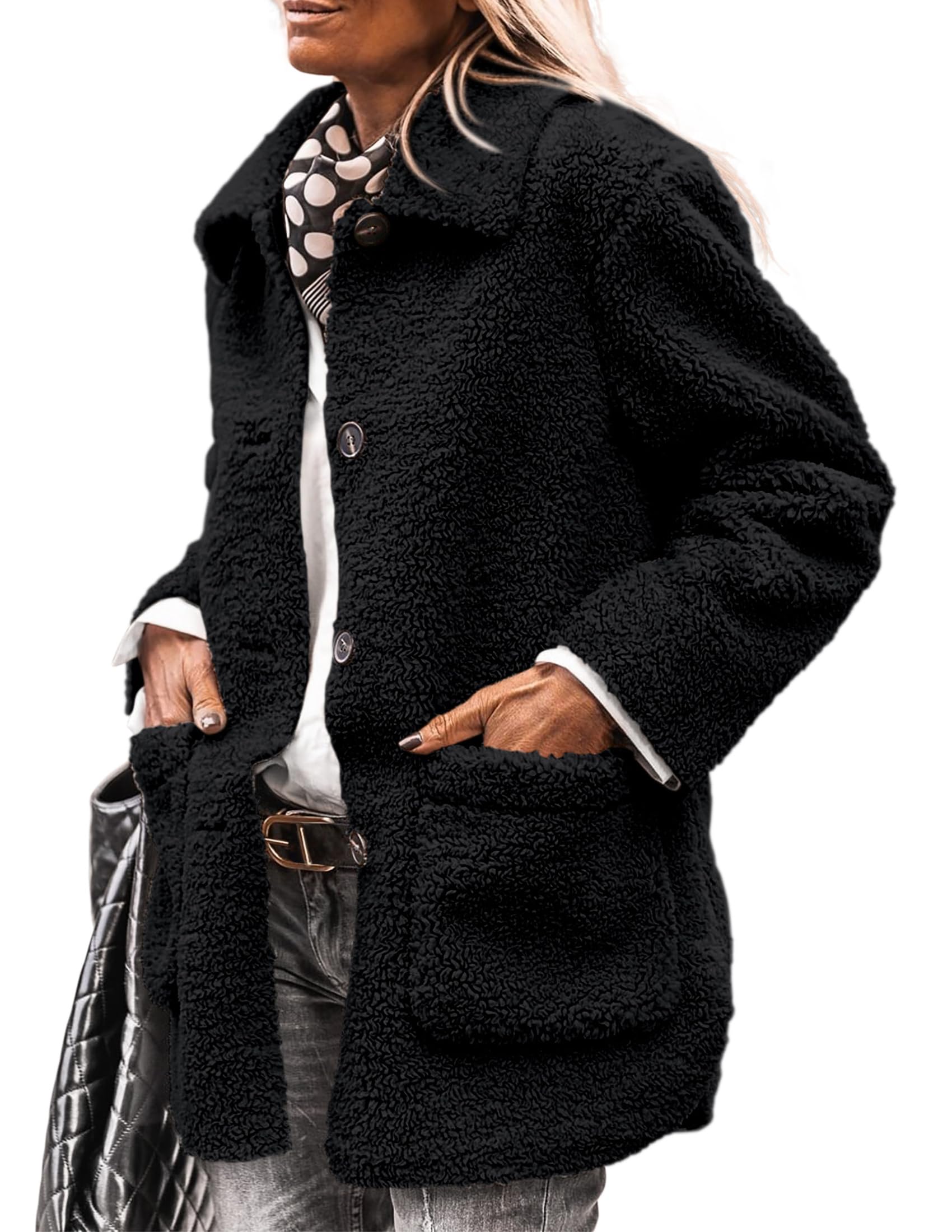 Women's Fleece Sherpa Coats Winter Outfits Black,S