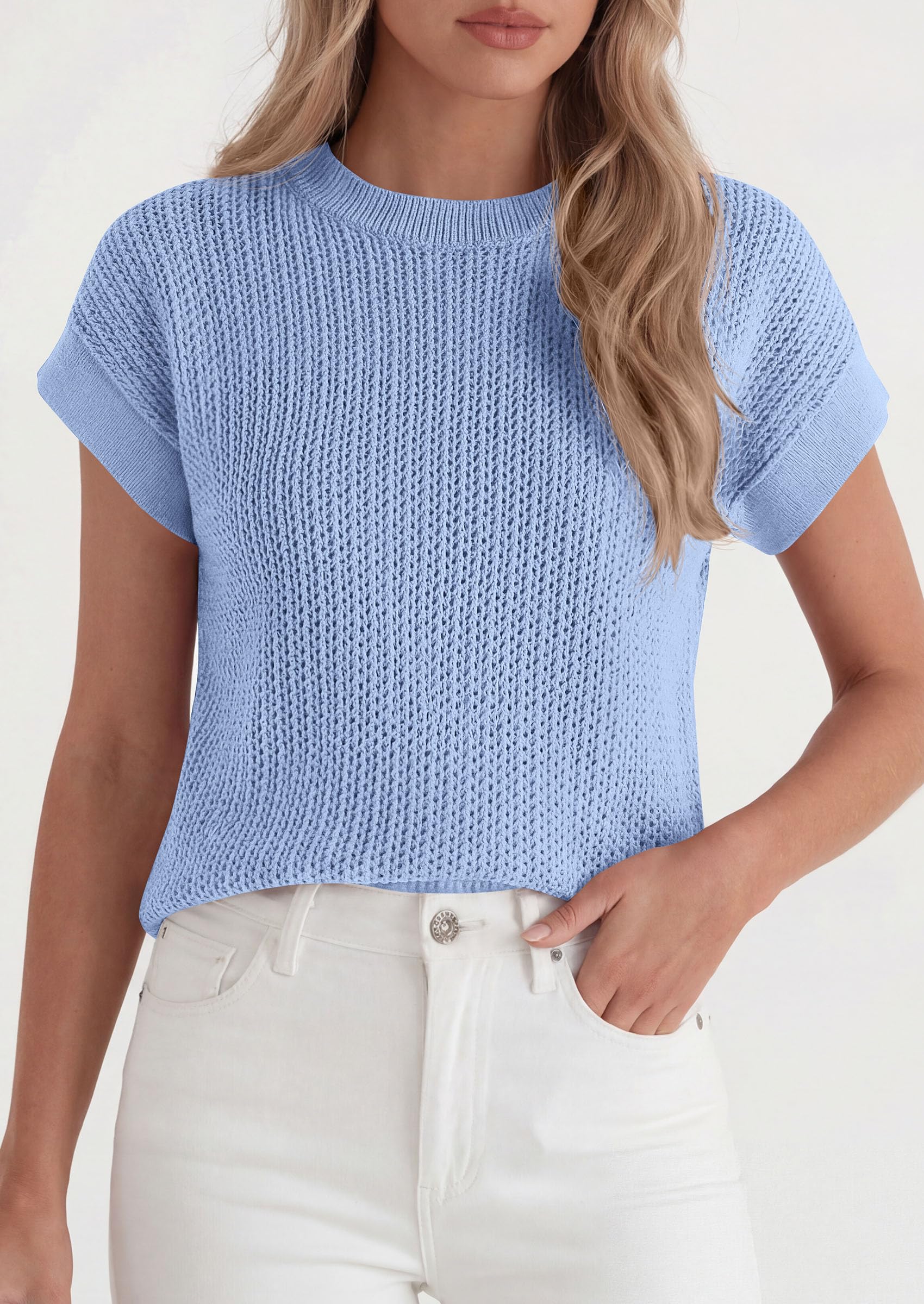 Women's Summer Sweater Vest Crochet Tops (Light Blue,S)