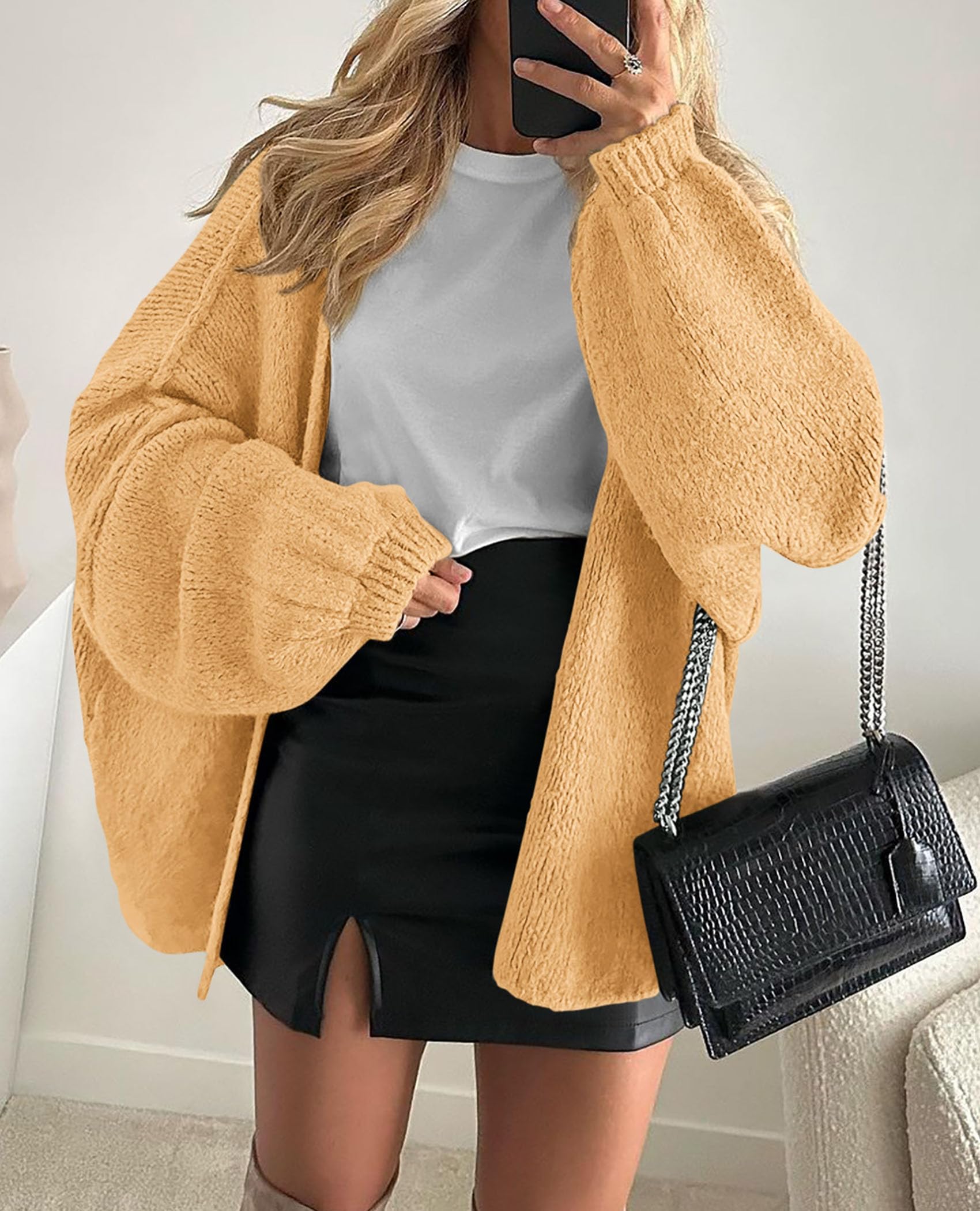 Womens Open Front Oversized Cardigan Sweaters,Light Yellow,XS