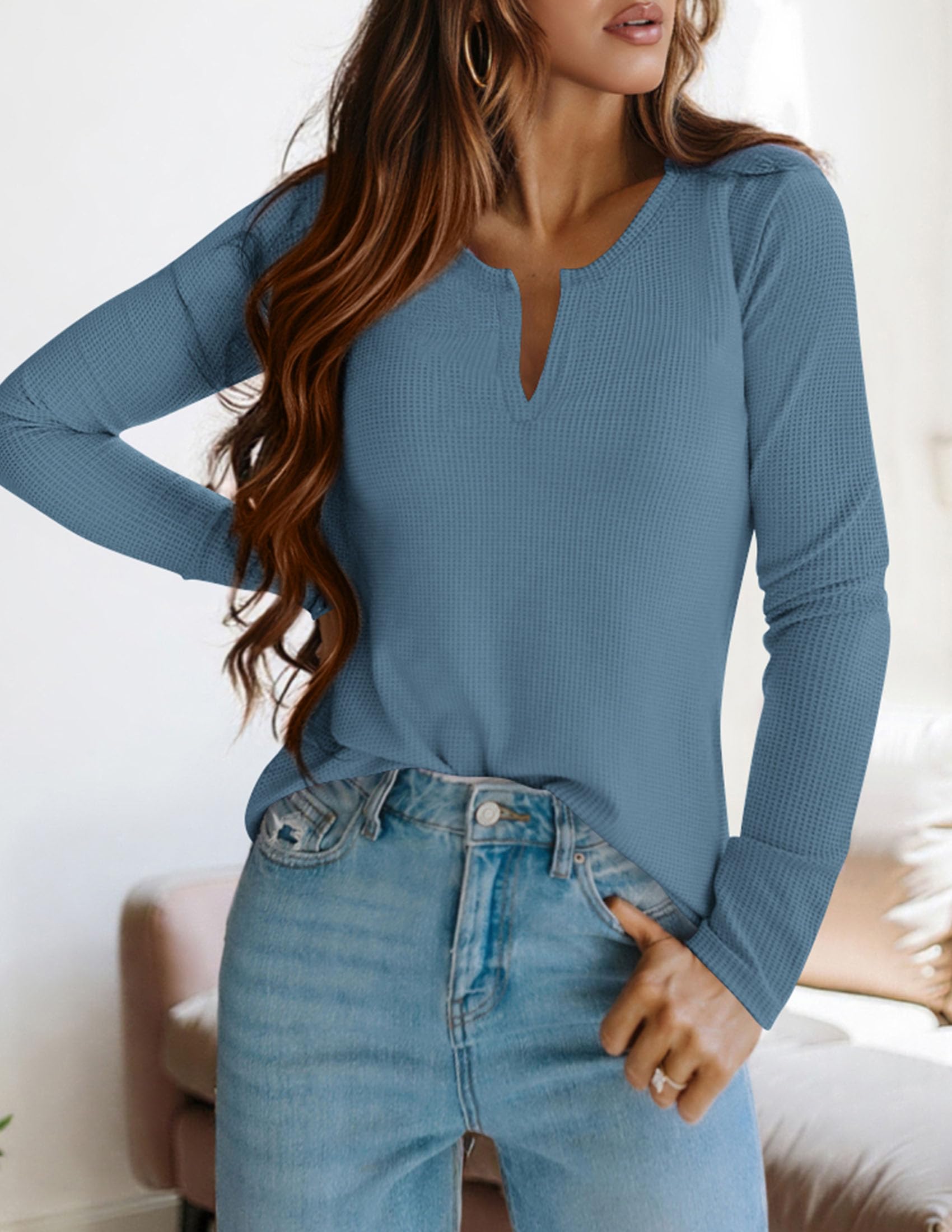 Long Sleeve Shirts for Women Waffle Knit Tops,Grey Blue,S