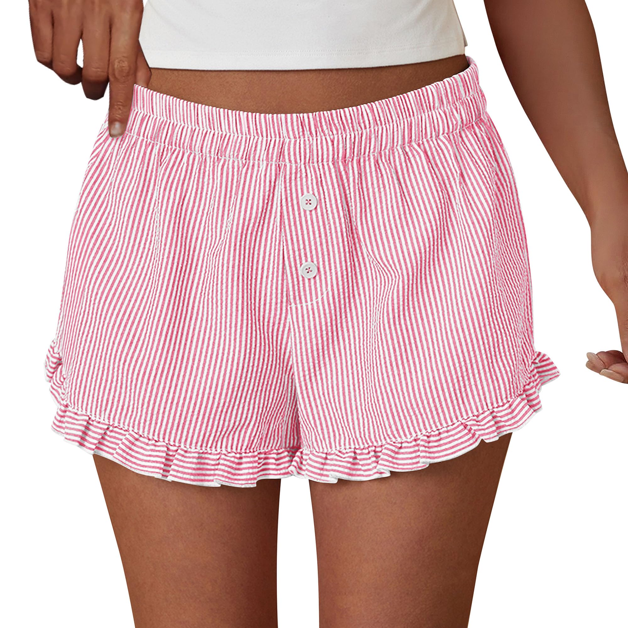 Womens Boxer Shorts Striped Gingham Ruffle Pajama Bottoms