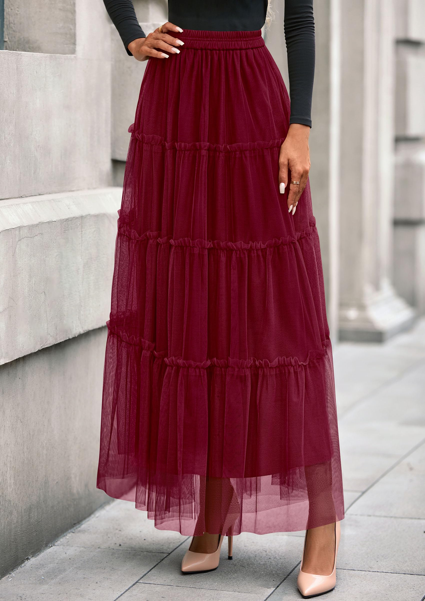 Women's Fall Soft Tulle Tiered Long Skirt,Burgundy,S
