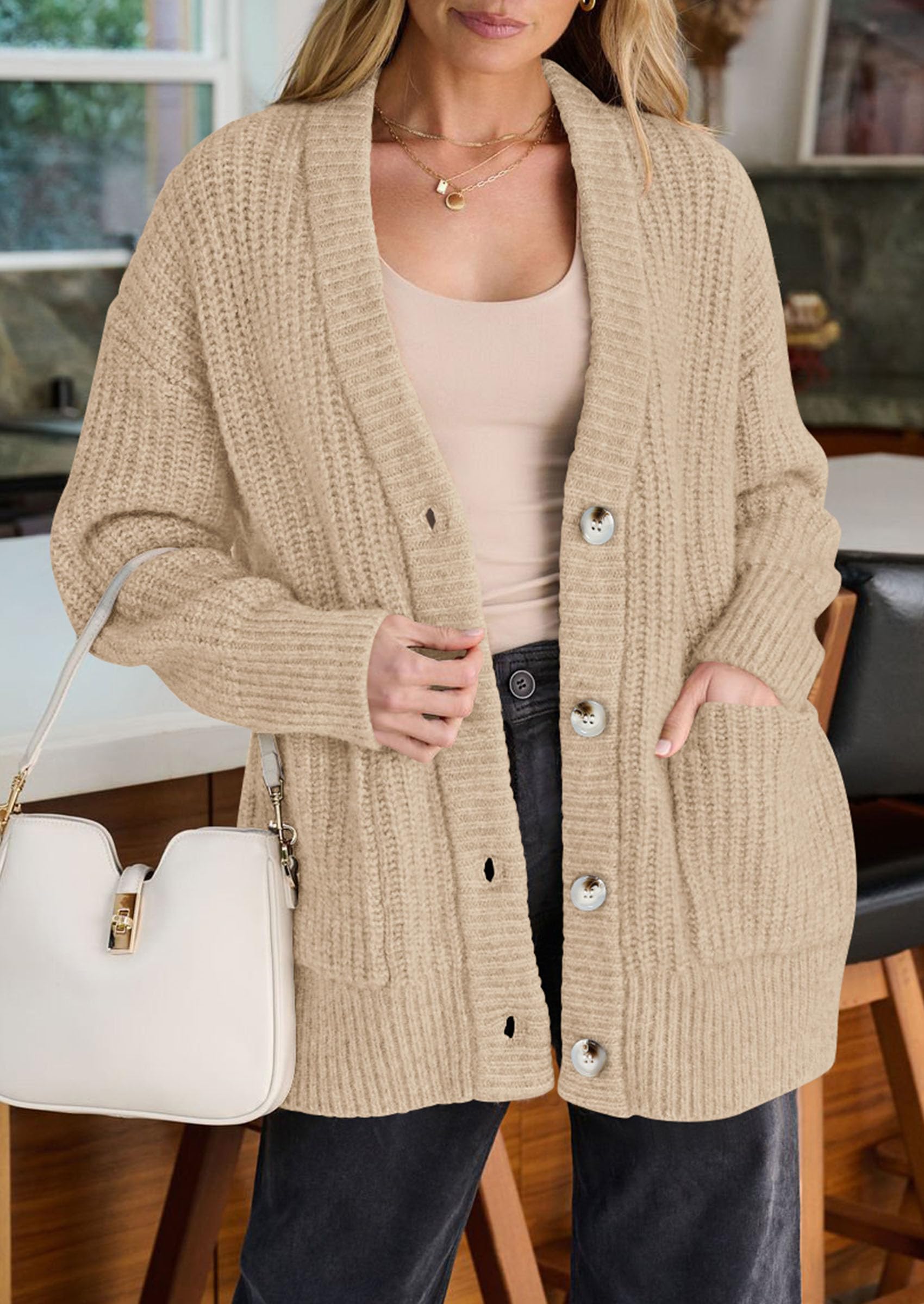 Oversized Cardigan Sweaters for Women Button Up,Khaki,S