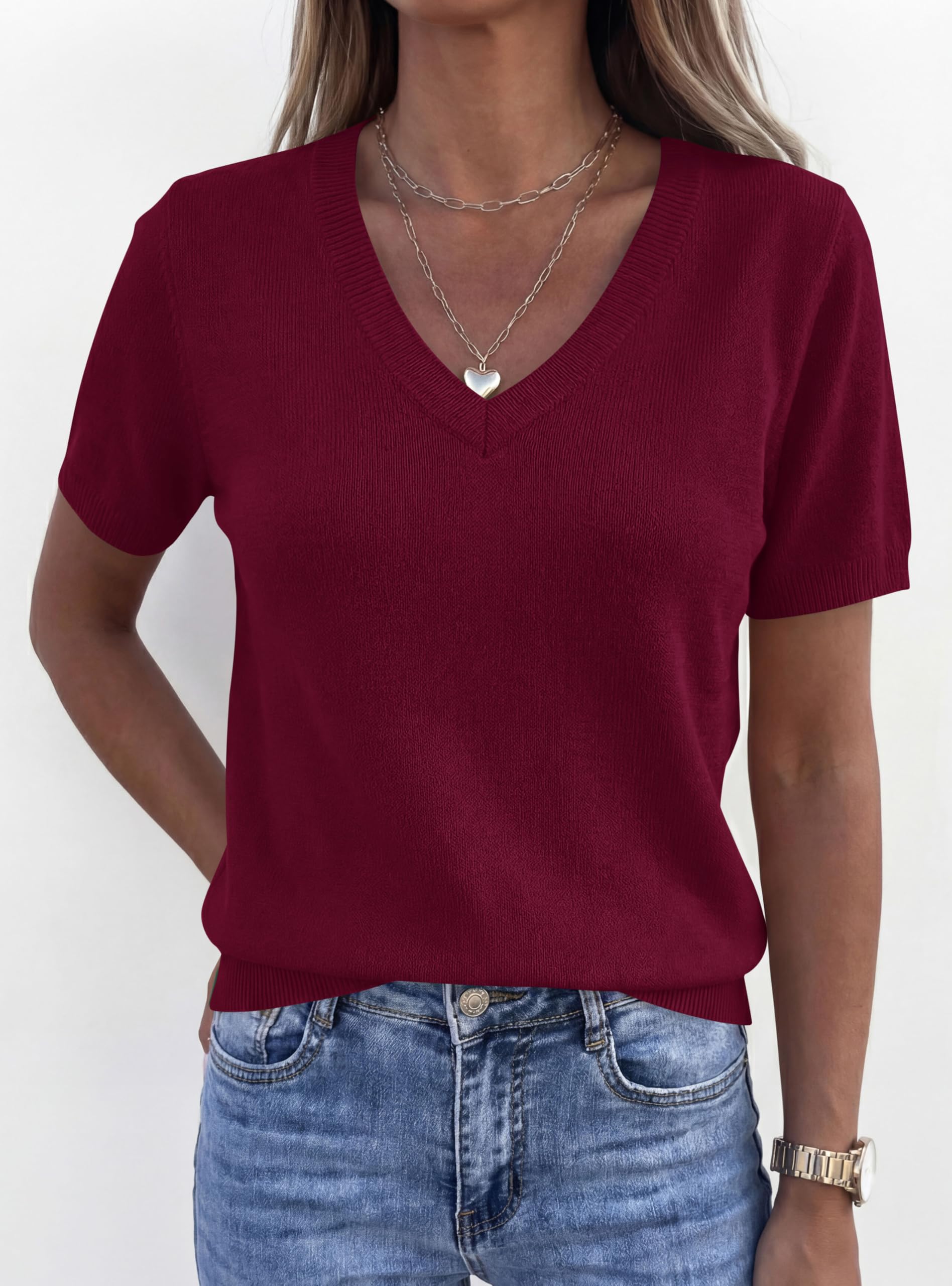 Womens Short Sleeve Sweater V Neck Tops,Wine Red,S