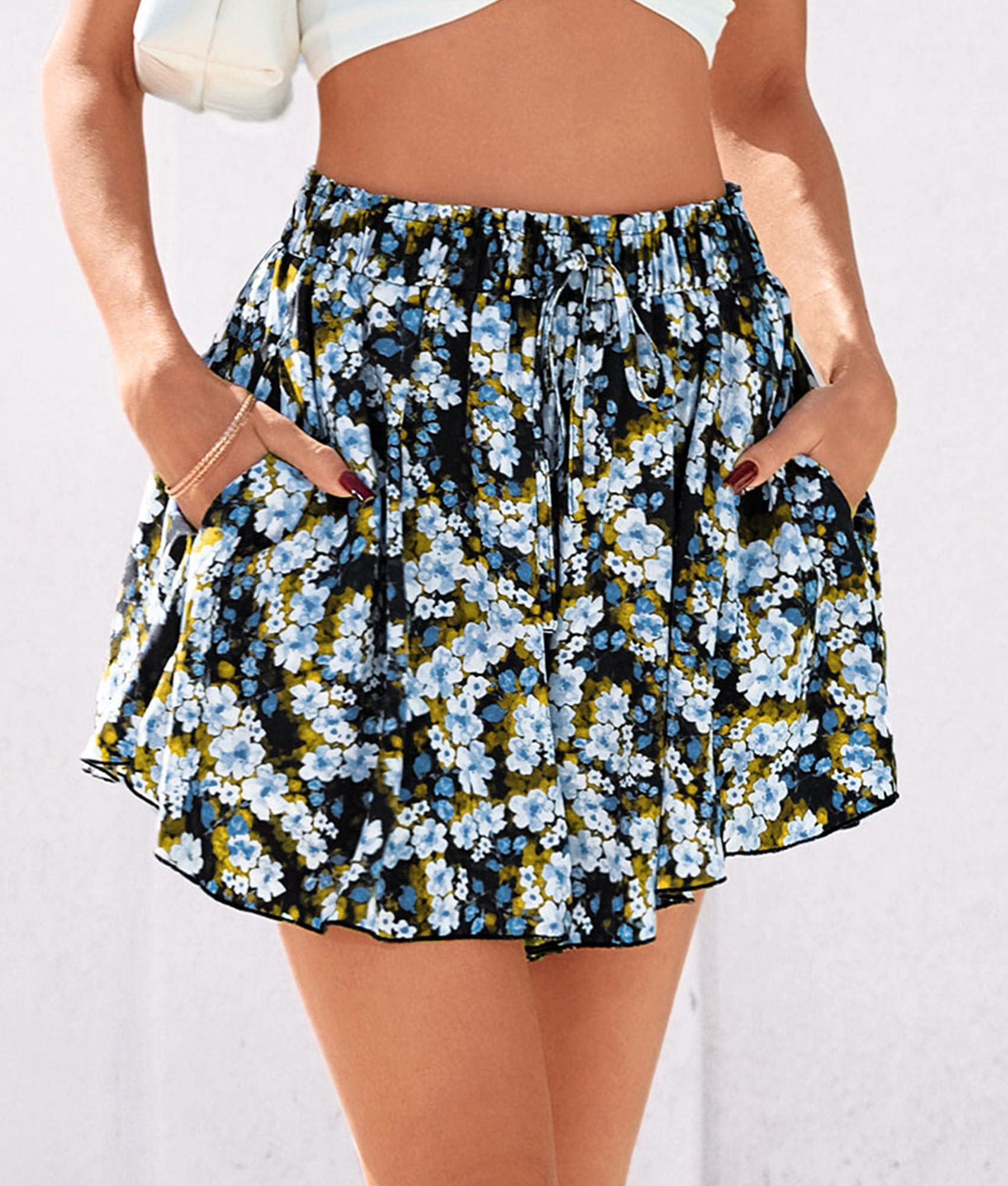 Women's Summer Wide Leg Flowy Shorts,Print Blue Yellow,M
