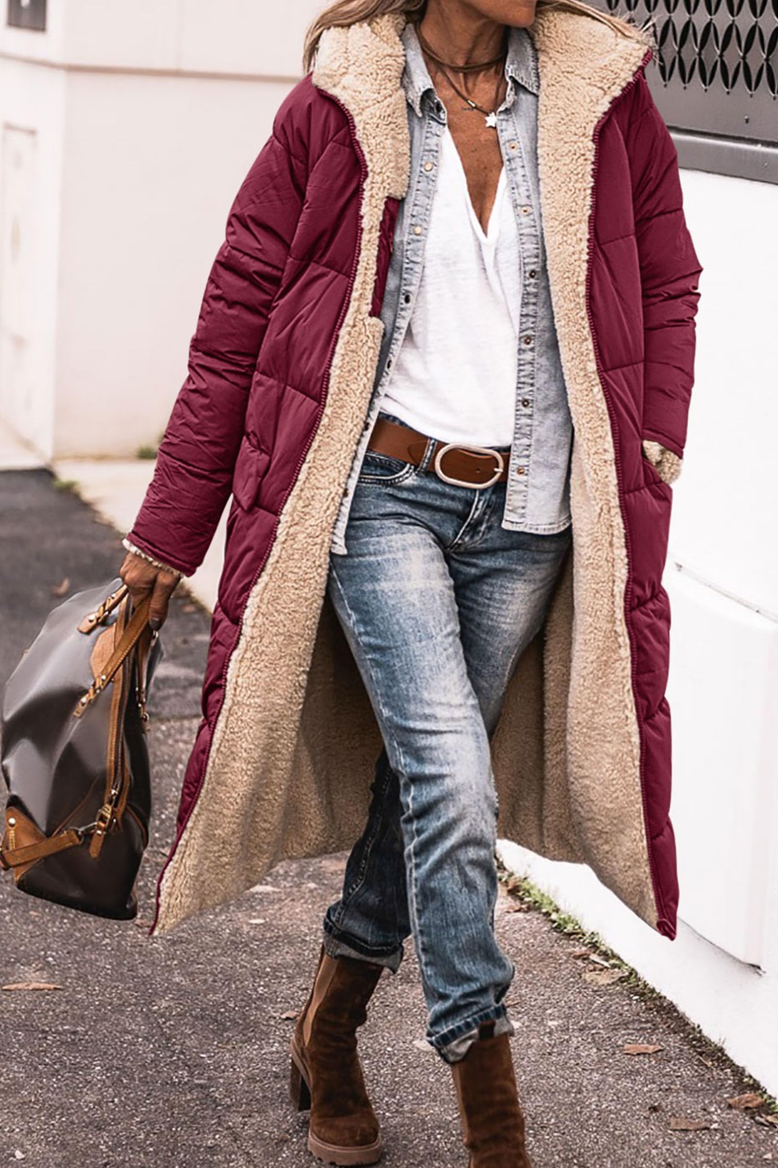 Women's Winter Fleece Warm Long Coats(Wine Red,Small)