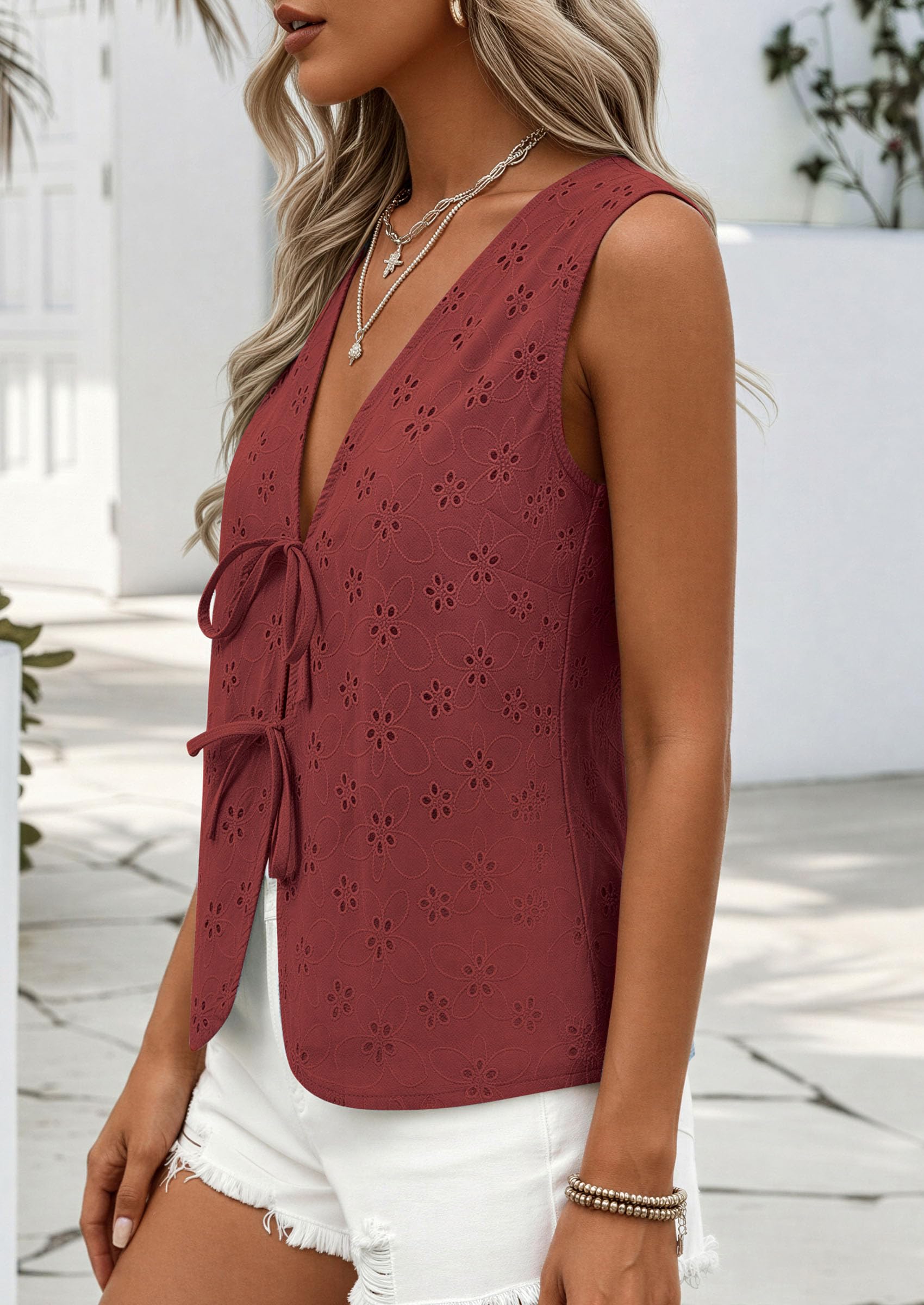 Women's Summer Eyelet Lace Tie Front Vest Tops (Brown Red,S)