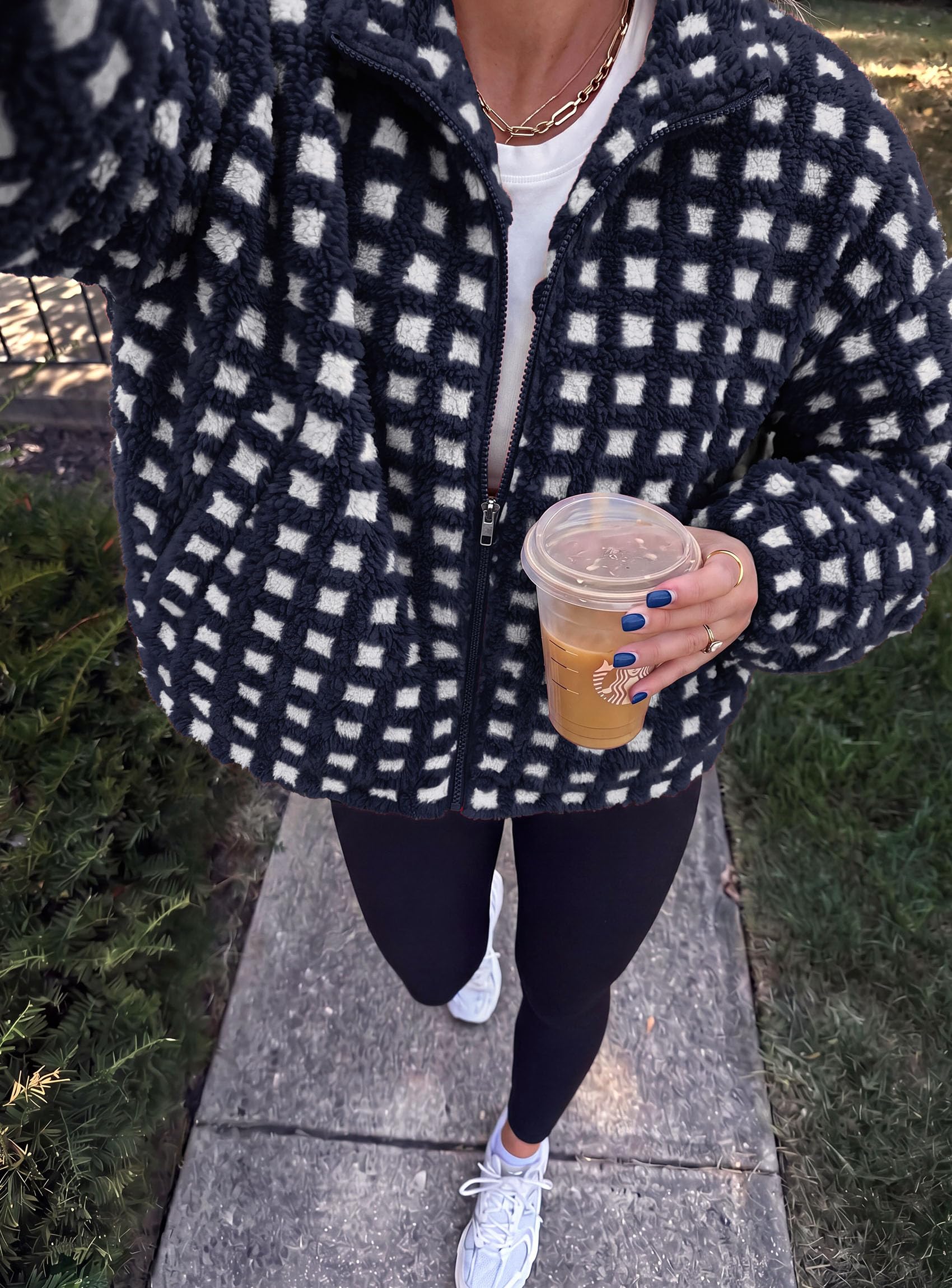 Women's Gingham Sherpa Fleece Jacket Plaid Cropped Teddy Coat