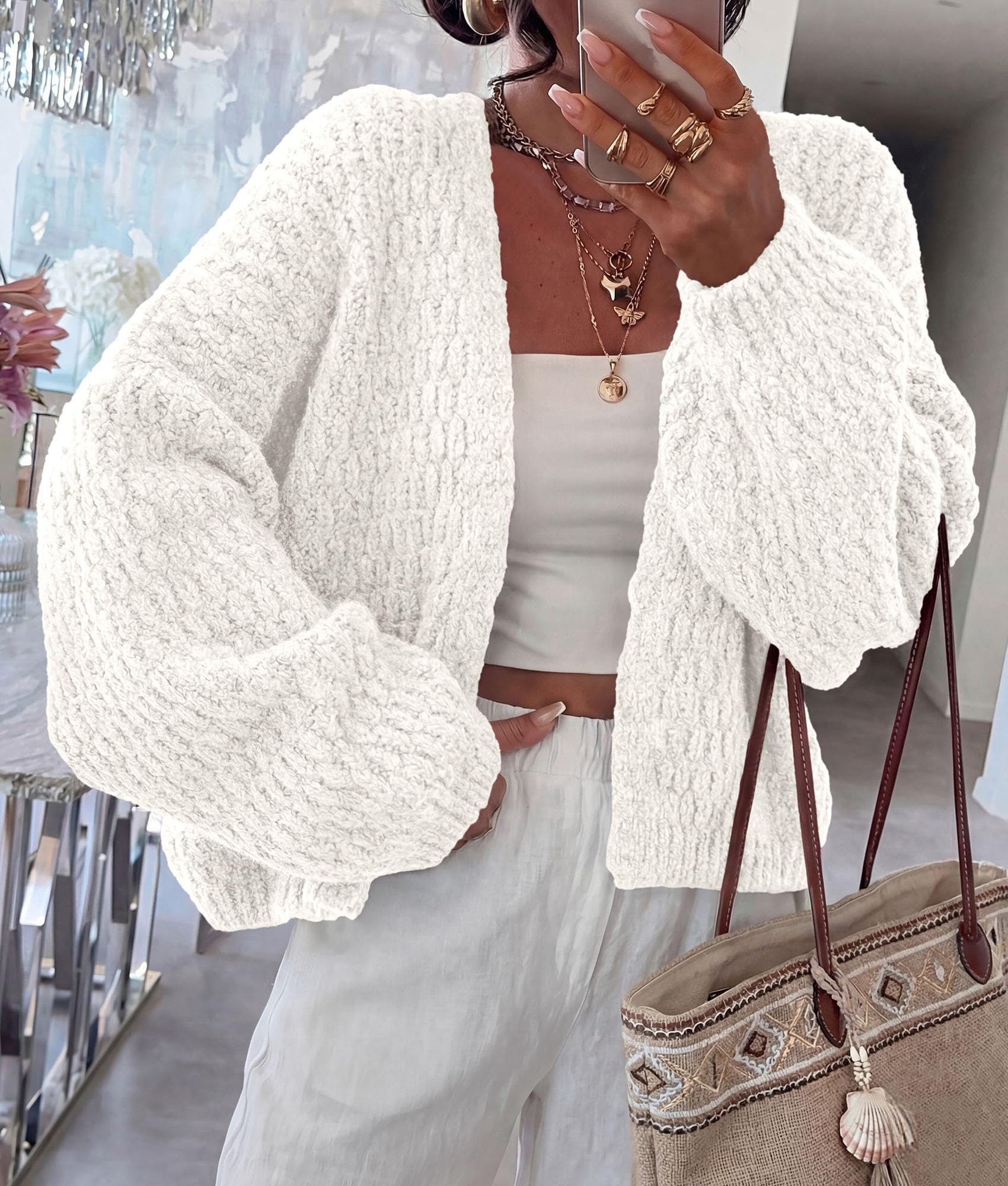 Women's Fall Cardigan Open Front Chunky Sweaters White S